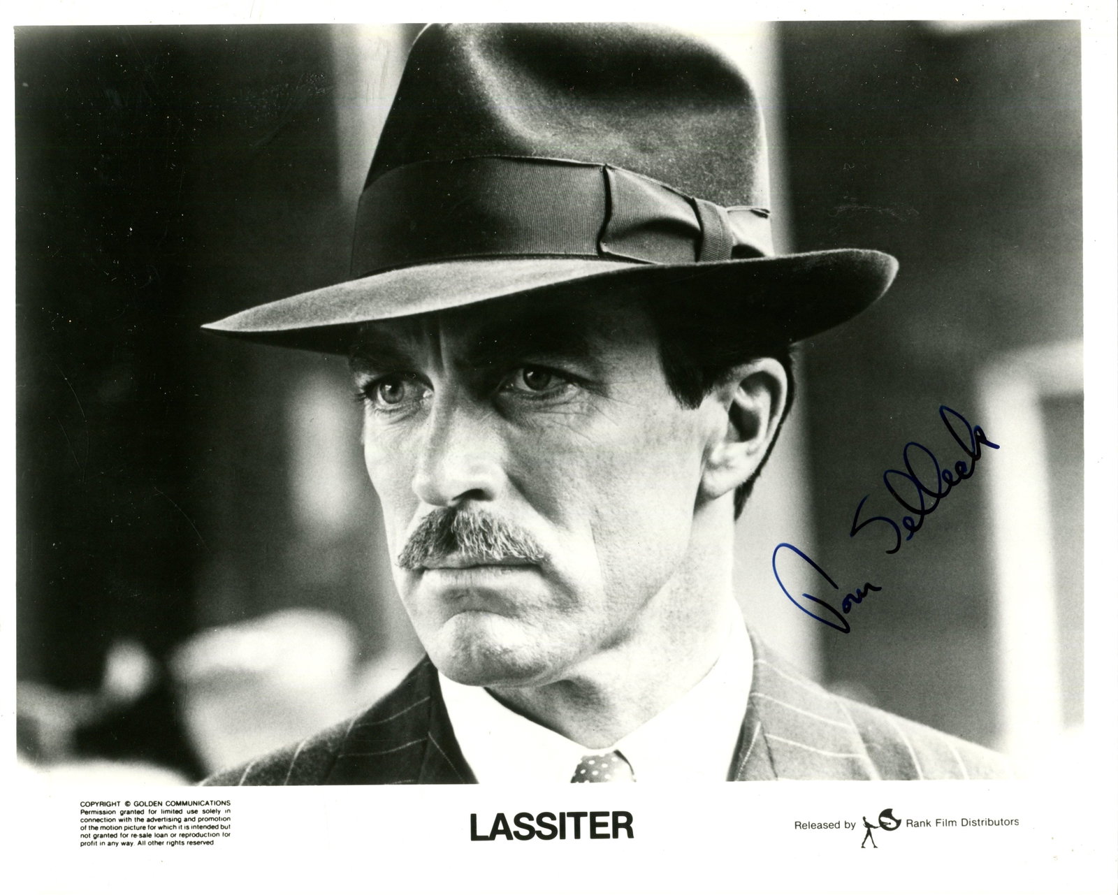 SELLECK TOM: (1945- ): SELLECK TOM: (1945- ) American actor. Signed 10 x 8 photograph of Selleck in a close-up head and shoulders pose in costume as the gentleman jewel thief Nick Lassiter from the heist spy film Lassiter