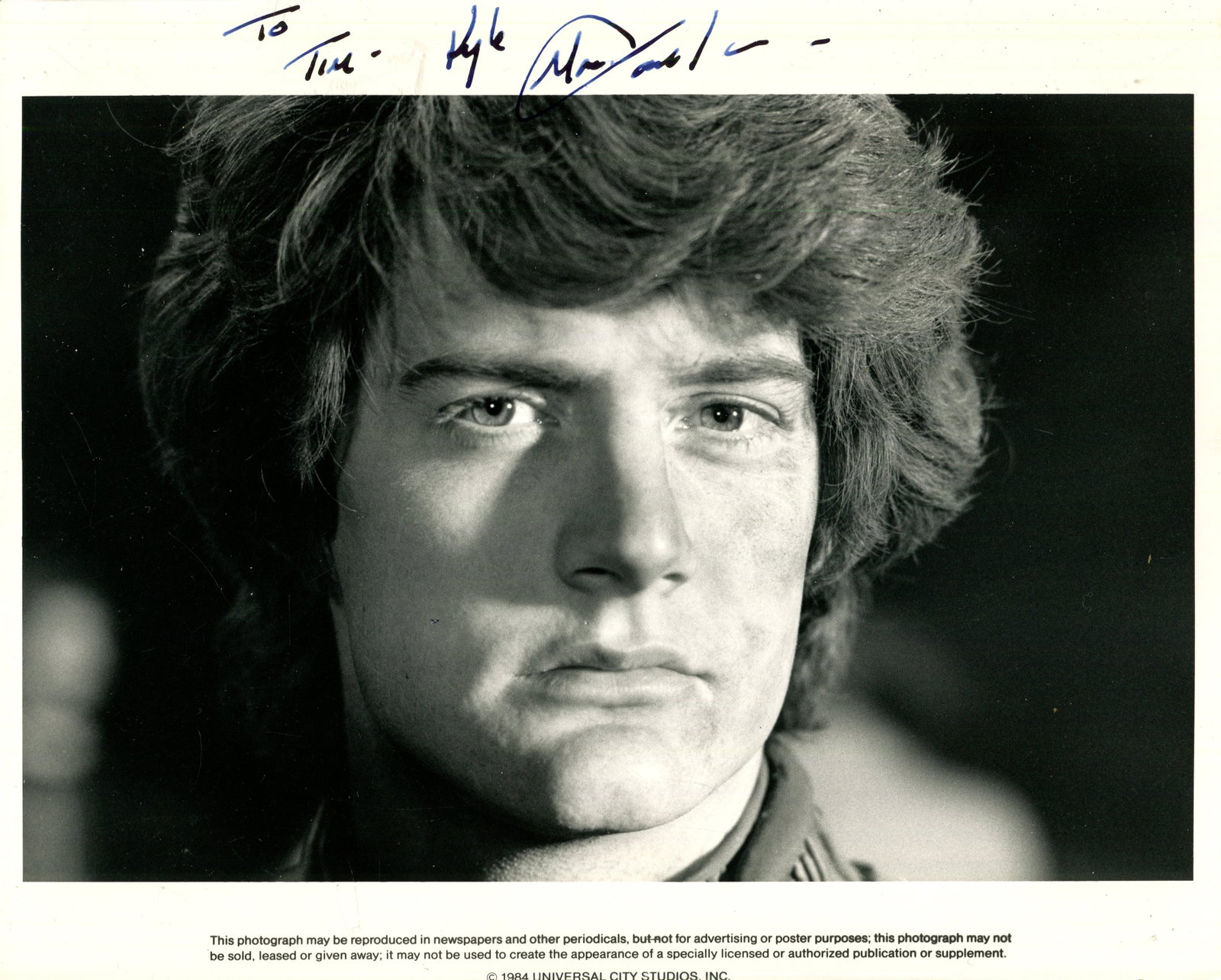 MACLACHLAN KYLE: (1959- ): MACLACHLAN KYLE: (1959- ) American actor. Best known for his collaborations with David Lynch. A good signed and inscribed 10 x 8 photograph by Maclachlan, the promotional Universal City Studios image