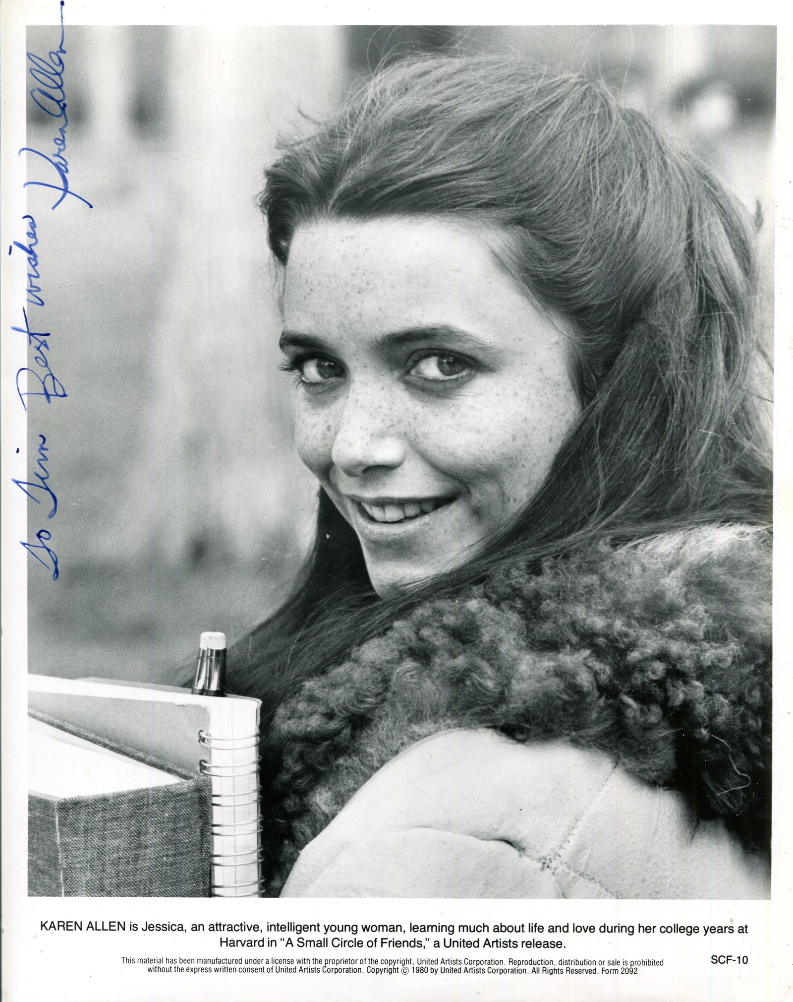 ALLEN KAREN: (1951- ): ALLEN KAREN: (1951- ) American actress. Signed and inscribed 8 x 10 photograph of Allen in a smiling head and shoulders pose in costume as the radical college student Jessica Bloom from the American