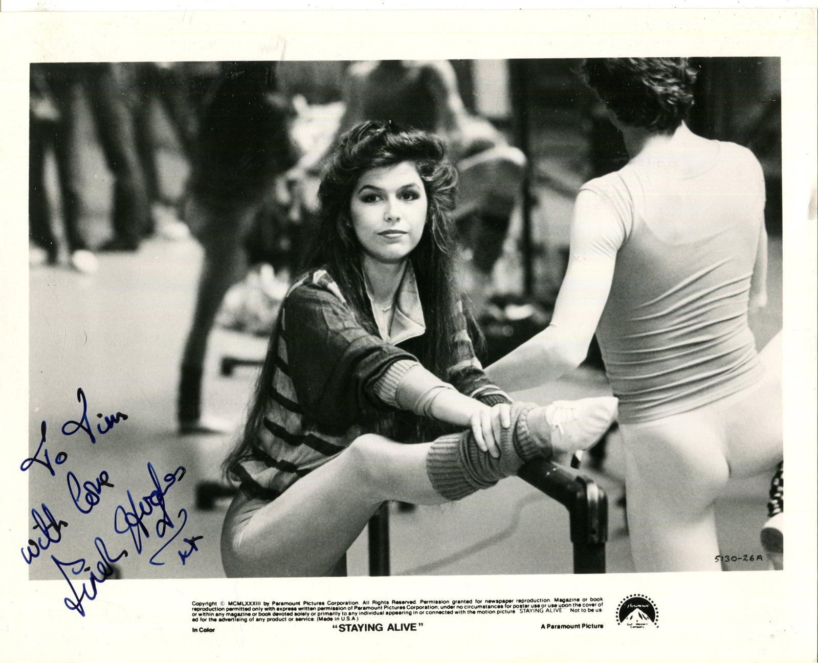 HUGHES FINOLA: (1959- ): HUGHES FINOLA: (1959- ) British actress. Signed and inscribed 10 x 8 photograph of Hughes in a full-length pose in costume as the dancer Laura from the American dance drama film Staying Alive (1983)
