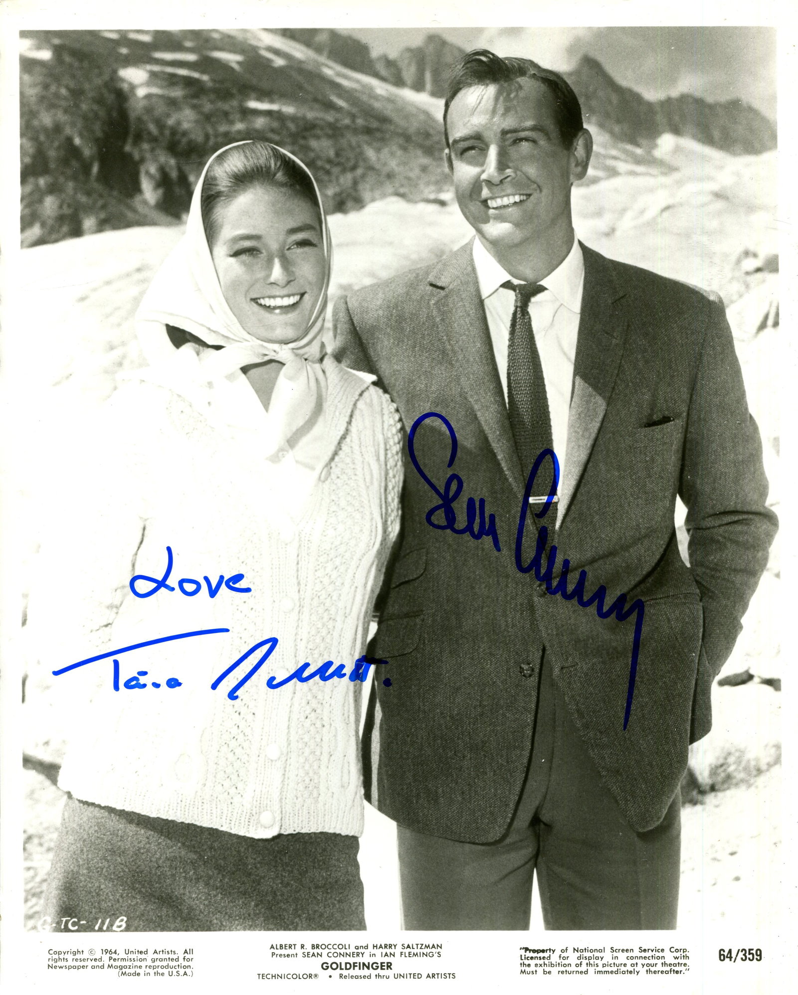 GOLDFINGER:: GOLDFINGER: A good signed 8 x 10 photograph by both Sean Connery (James Bond) and Tania Mallet (Tilly Masterson) individually, the image depicting the two actors standing outdoors in three-quarter