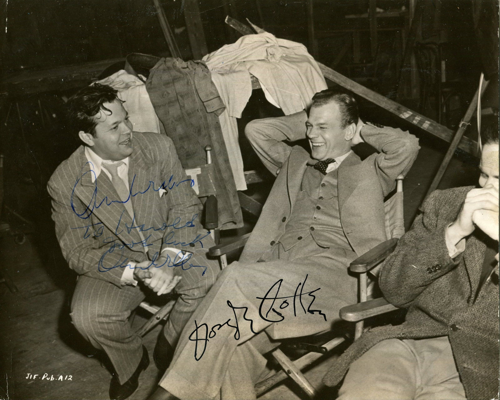 JOURNEY INTO FEAR:: JOURNEY INTO FEAR: A good vintage signed and inscribed 9.5 x 7.5 photograph by both Orson Welles (Colonel Haki) and Joseph Cotten (Howard Graham) individually, the image depicting the two actors