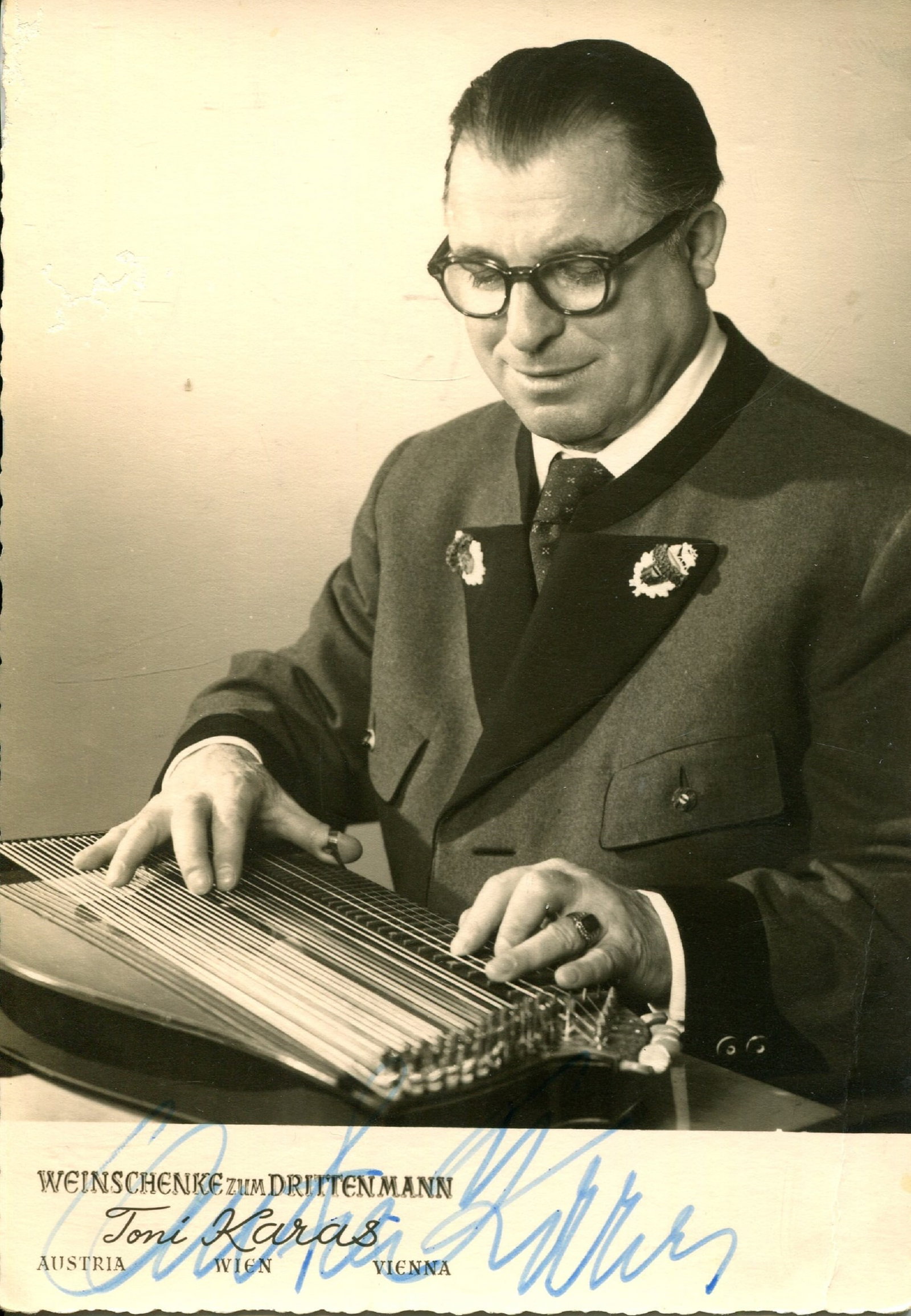 [THIRD MAN THE]: KARAS ANTON (1906-1985): [THIRD MAN THE]: KARAS ANTON (1906-1985) Austrian zither player and composer, best known for his famous soundtrack to the British film noir The Third Man (1949). Vintage signed 4 x 6 postcard photogra