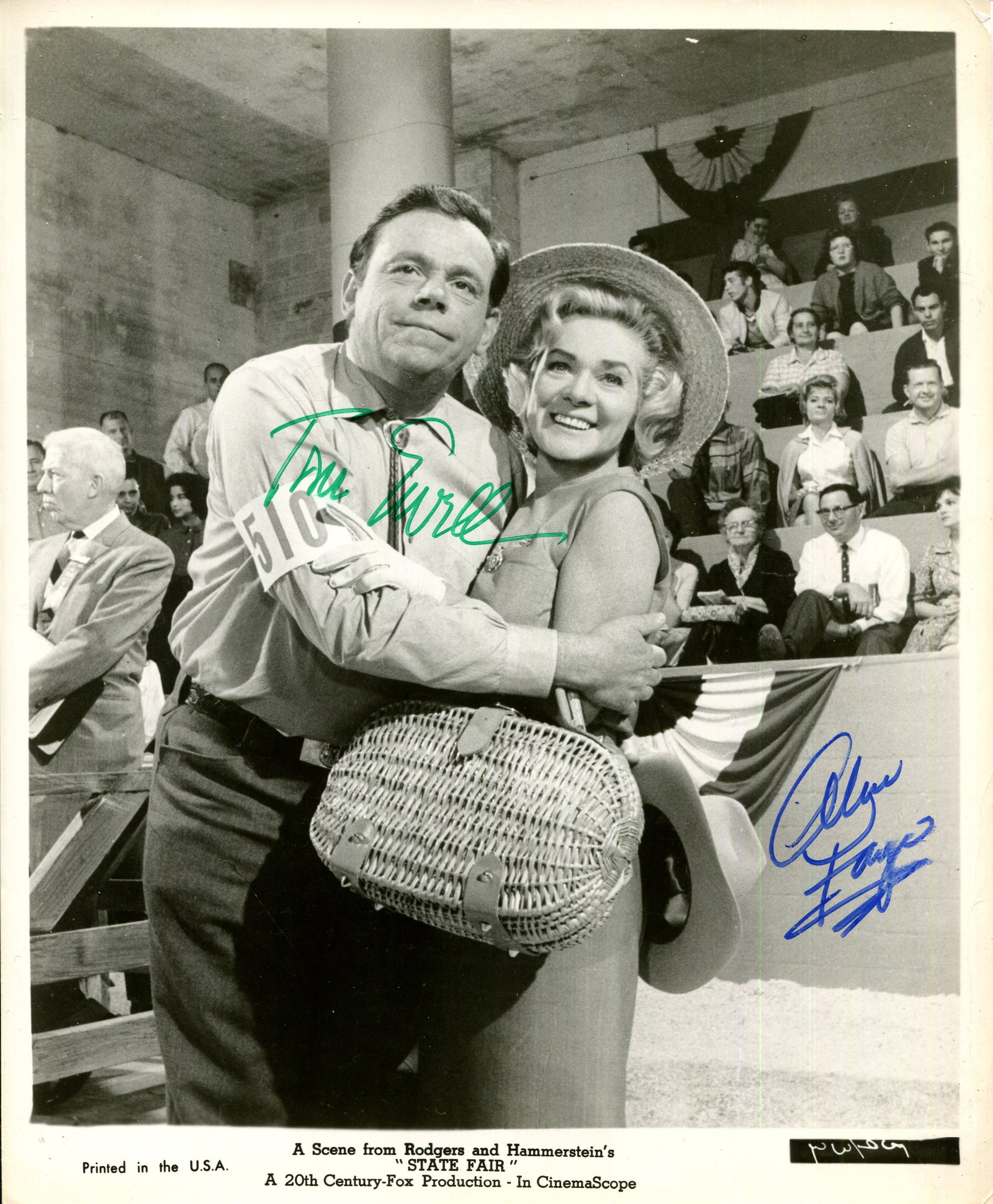 STATE FAIR:: STATE FAIR: Signed 8 x 10 photograph by both Tom Ewell (Abel Frake) and Alice Faye (Melissa Frake) individually, the image depicting the actors embracing each other in three-quarter length poses in