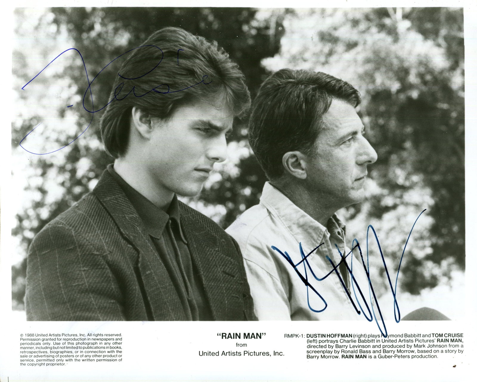 RAIN MAN: RAIN MAN: Signed 10 x 8 photograph by Tom Cruise (1962- ) American Actor, an Academy Award nominee, and Dustin Hoffman (1937- ) American Actor, Academy Award winner. The promotional image depicting