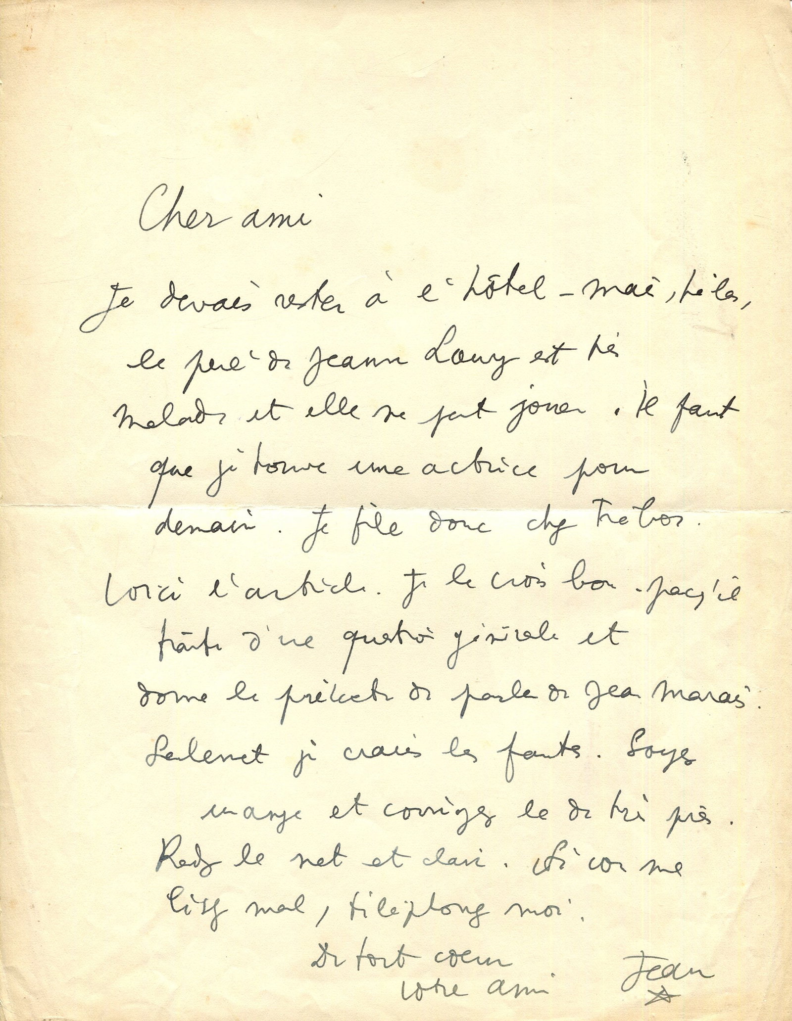 COCTEAU JEAN: (1889-1963): COCTEAU JEAN: (1889-1963) French filmmaker, poet, playwright, novelist, artist and critic. A.L.S., Jean (with his familiar star beneath), one page, 4to, n.p., n.d., to a friend, in French. Cocteau