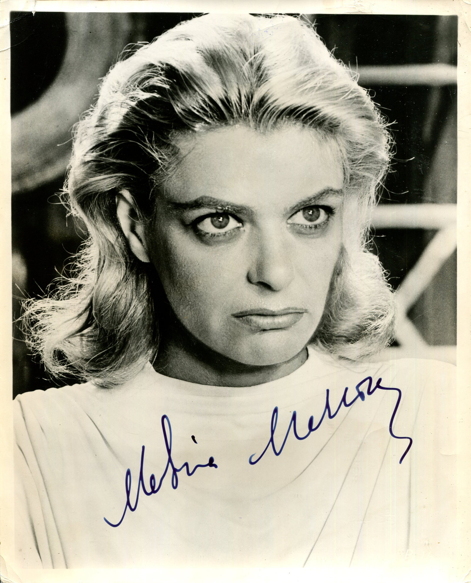 MERCOURI MELINA: (1920-1994): MERCOURI MELINA: (1920-1994) Greek actress. Signed 8 x 10 photograph of Mercouri in a head and shoulders pose with a serious expression on her face. Signed in bold, dark blue fountain pen ink with