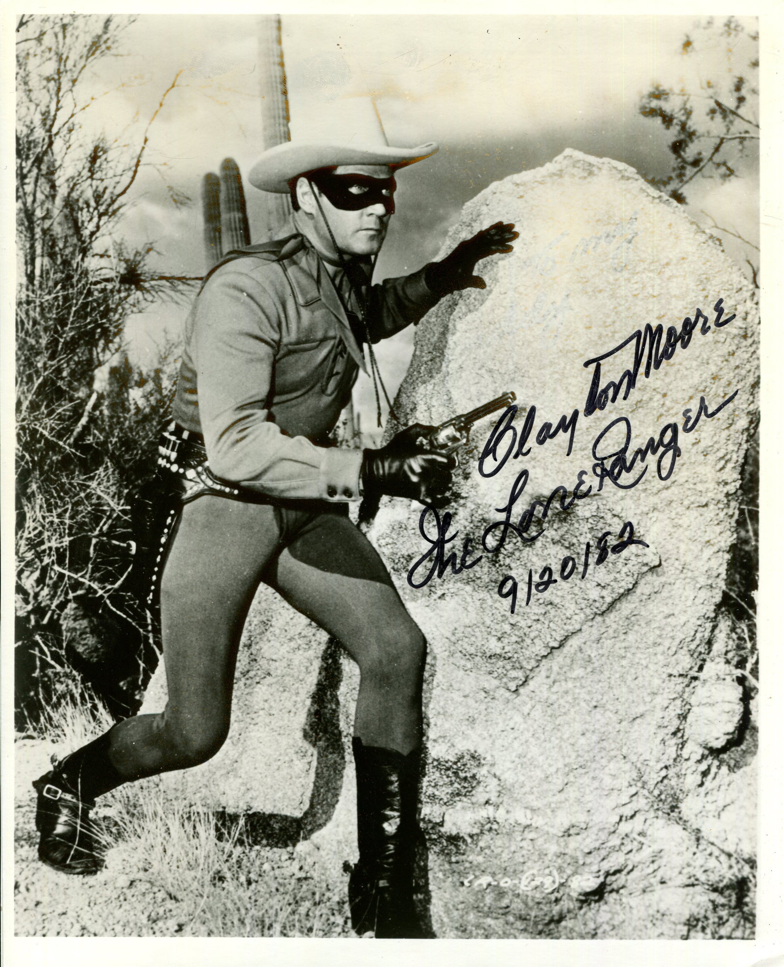 THE LONE RANGER: (x2): THE LONE RANGER: Clayton Moore (1914-1999) American actor who portrayed the fictional western character the Lone Ranger in the television series of the same name from 1949-52 and 1953-57. Signed 8 x