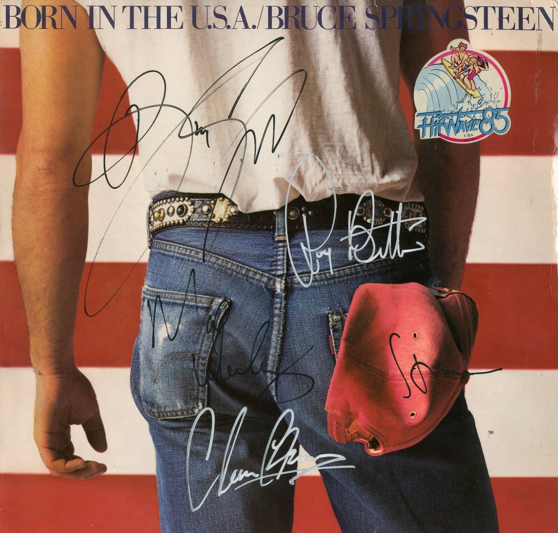 SPRINGSTEEN BRUCE: (1949 - ): SPRINGSTEEN BRUCE: (1949 - ) American Rock Singer & Guitarist. An excellent multiple signed album record sleeve for Born in the U.S.A. (1984). Individualy signed by Bruce Springsteen and his E.