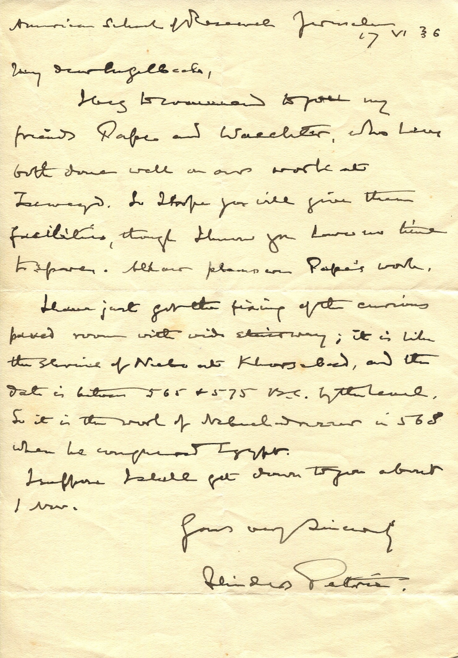 PETRIE WILLIAM FLINDERS: (1853-1942): PETRIE WILLIAM FLINDERS: (1853-1942) British Egyptologist, a pioneer of systematic methodology in archaeology and the preservation of artefacts. A.L.S., Flinders Petrie, one page, 8vo, American School