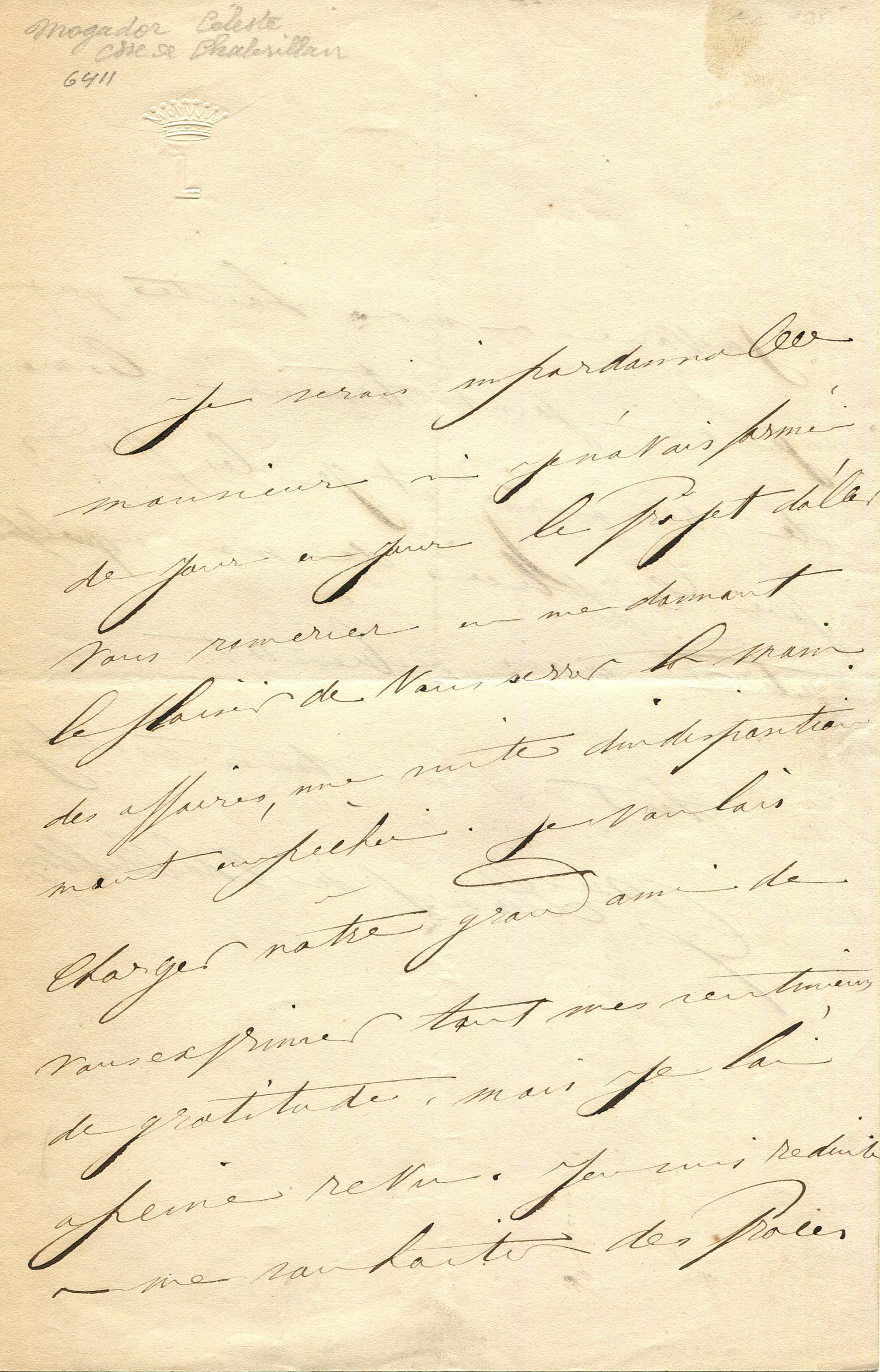 MOGADOR CELESTE: (1824-1909): MOGADOR CELESTE: (1824-1909) Elisabeth-Celeste Venard, Countess of Chabrillan. French courtesan, dancer and writer. A.L.S., Csse. Lionel de Chabrillan, two pages, 8vo, n.p., n.d., to a gentleman, in