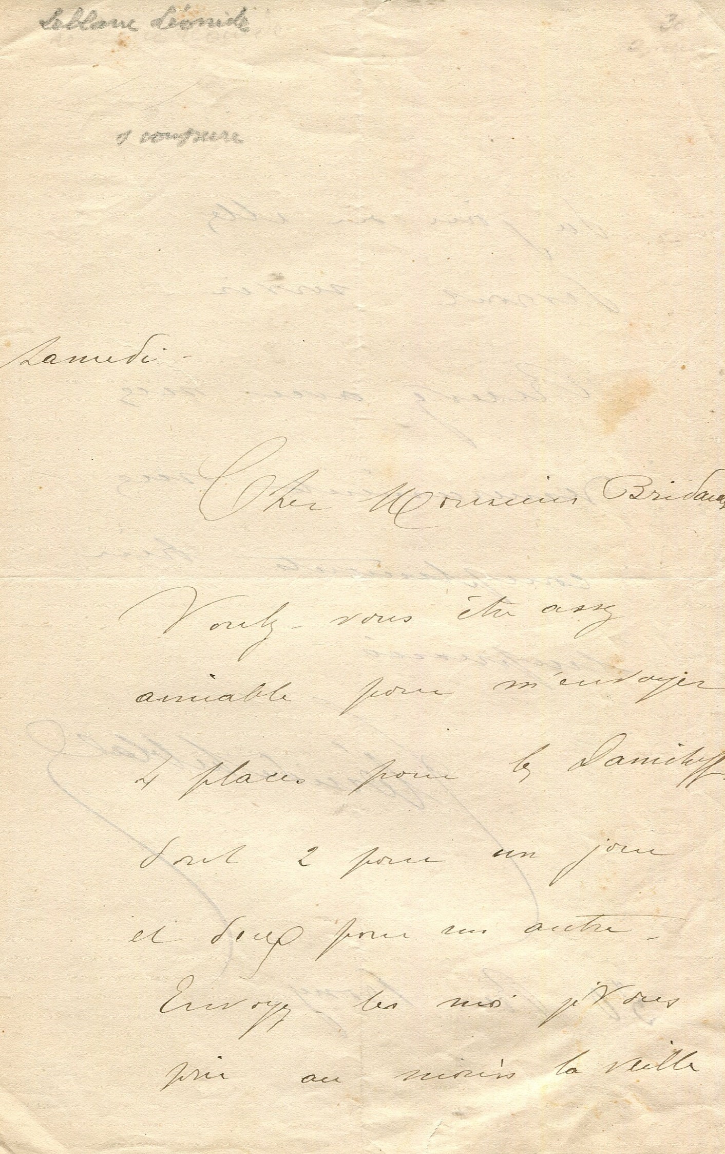 LEBLANC LEONIDE: (1842-1894): LEBLANC LEONIDE: (1842-1894) French courtesan, actress and author. A.L.S., Leonide Leblanc, two pages, 8vo, Rue Prony (Paris), n.d. (‘Samedi’), to Monsieur Brideaux, in French. Leblanc