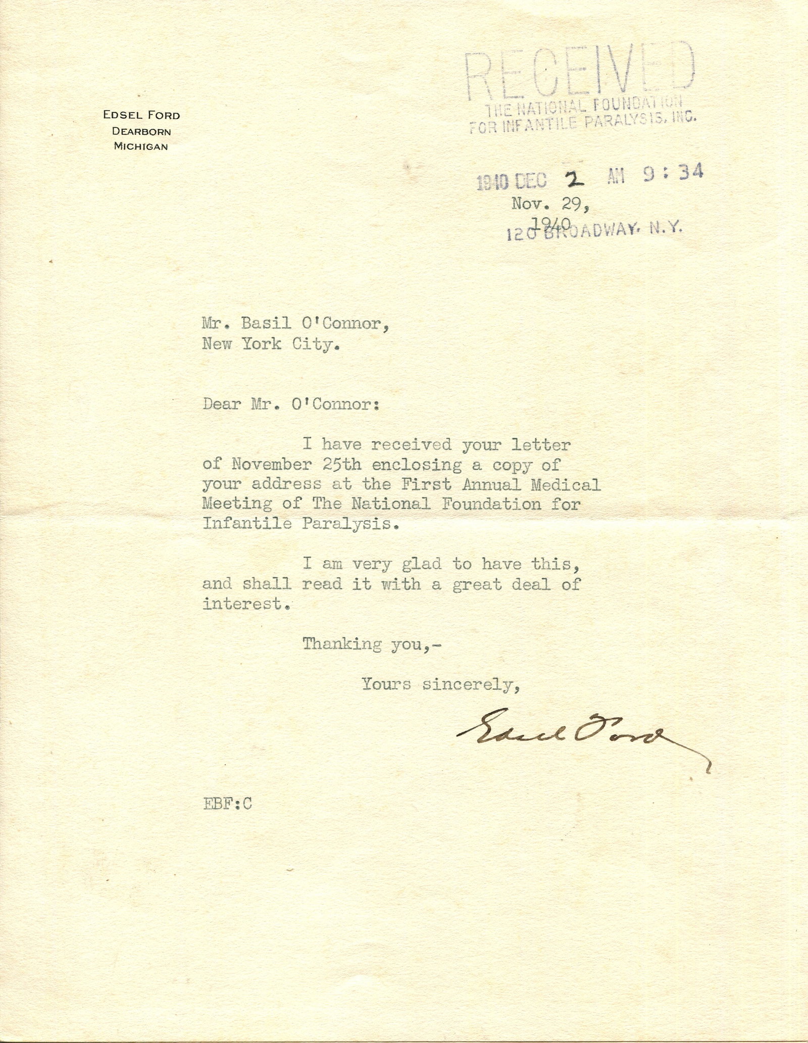 FORD EDSEL: (1893-1943): FORD EDSEL: (1893-1943) American business executive and philanthropist, the only child of Henry Ford and president of the Ford Motor Company 1919-43. T.L.S., Edsel Ford, one page, small 4to,