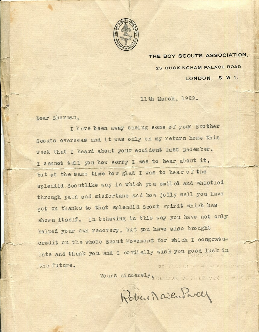 BADEN-POWELL ROBERT: (1857-1941) ´ you have also brought credit on the whole Scout: BADEN-POWELL ROBERT: (1857-1941) British Lieutenant General, founder of the Scout movement. T.L.S., Robert Baden Powell, one page, 4to, Buckingham Palace Road, London, 11th March 1929, to Sherman, on