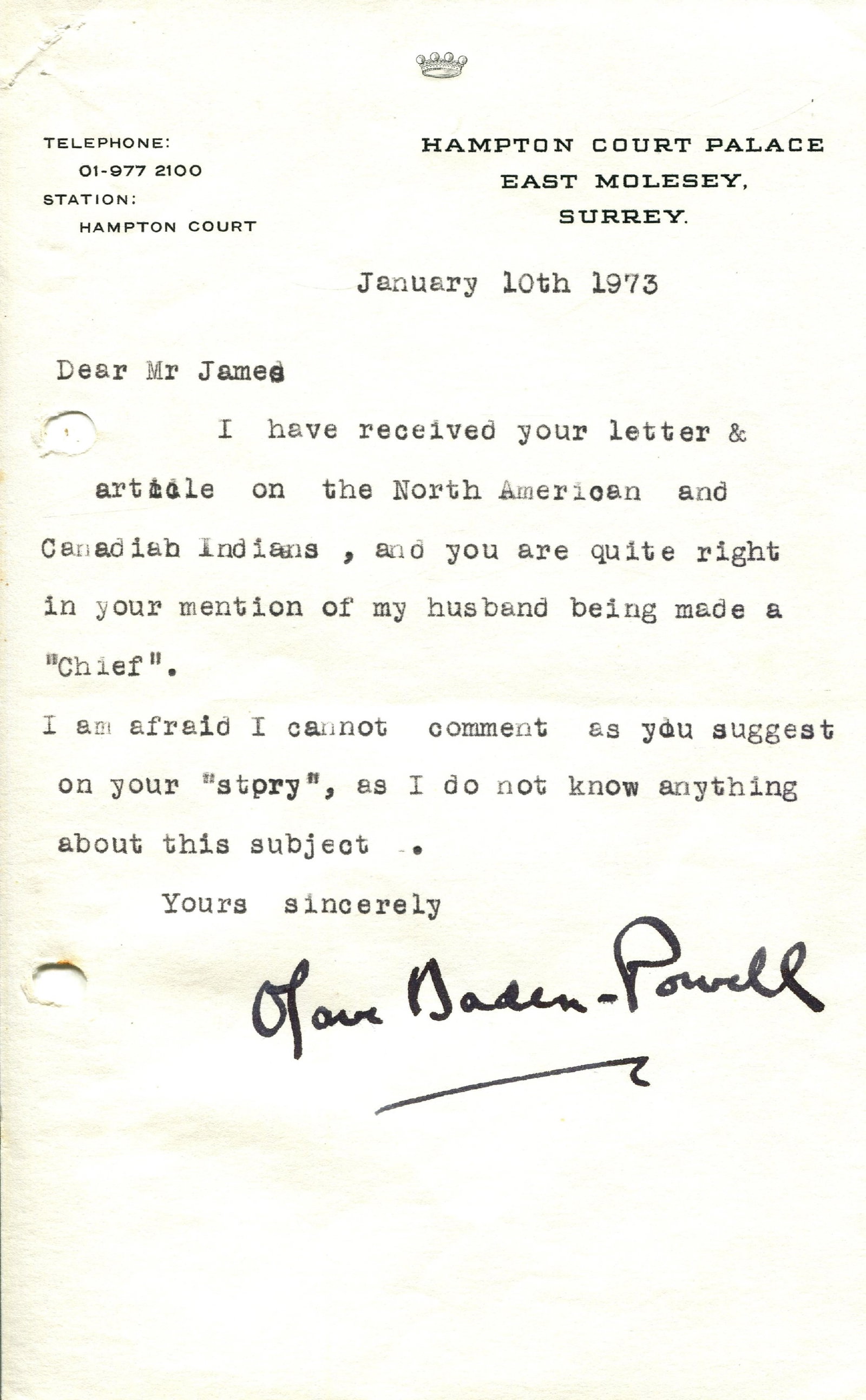 BADEN-POWELL OLAVE: (1889-1977) (+1): BADEN-POWELL OLAVE: (1889-1977) English Chief Guide for Britain, the wife of Robert Baden-Powell, founder of the Boy Scouts and co-founder of the Girl Guides, from 1912-41. T.L.S., Olave