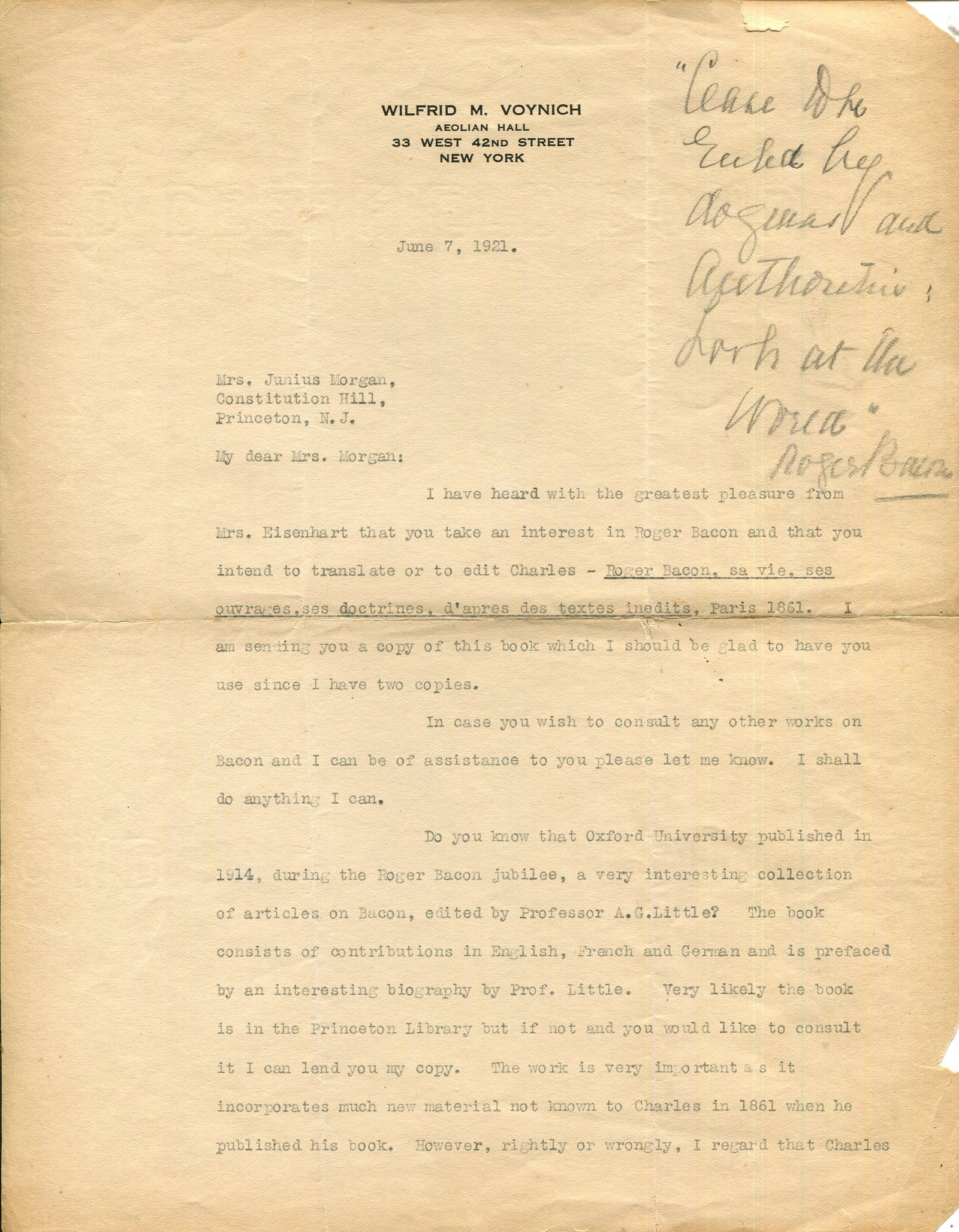 VOYNICH WILFRID: (1865-1930) ´ ´I should be delighted to.....show you my Bacon cipher: VOYNICH WILFRID: (1865-1930) Polish revolutionary, antiquarian and bibliophile who operated one of the largest rare book businesses in the world and is remembered as the eponym of the Voynich