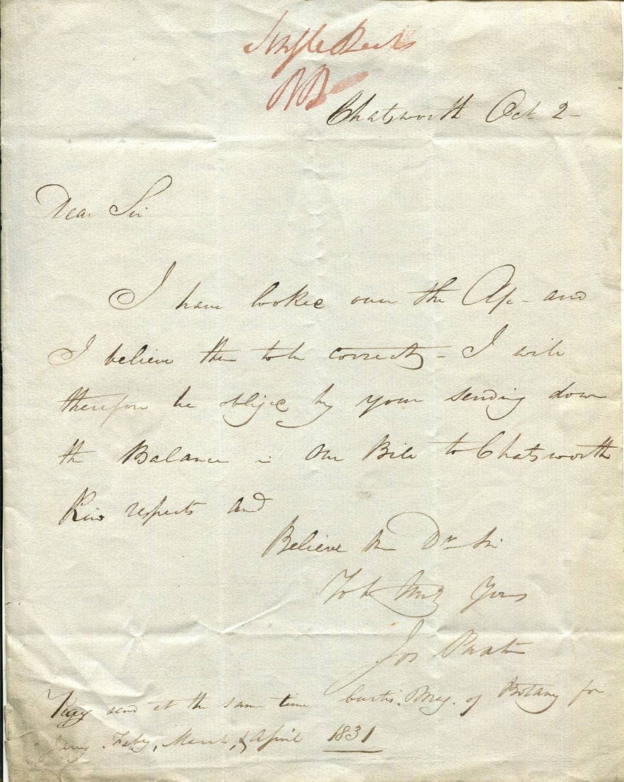 PAXTON JOSEPH: (1803-1865): PAXTON JOSEPH: (1803-1865) English gardener and architect, best known for designing the Crystal Palace in Hyde Park, London, for the Great Exhibition of 1851. A.L.S., Jos. Paxton, one page, 4to,