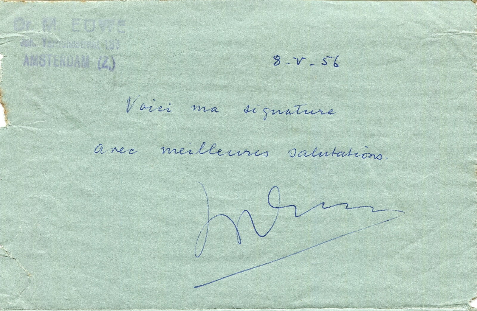 EUWE MAX: (1901-1981): EUWE MAX: (1901-1981) Dutch chess player and mathematician, World Chess Champion 1935-37. A.N.S., M Euwe, to the upper third of a folding sheet of aerogramme stationery, Amsterdam, 8th May 1956, in