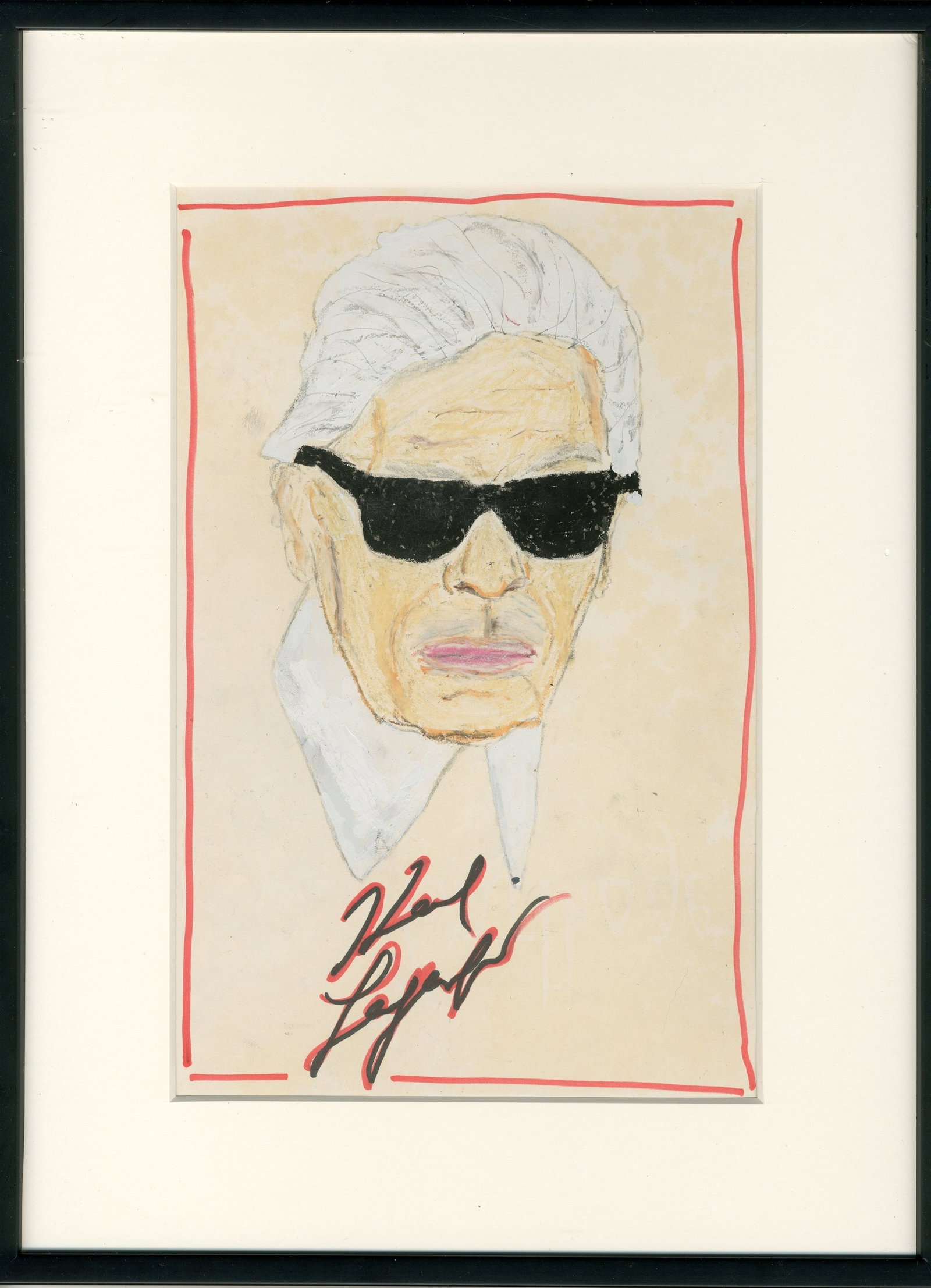 LAGERFELD KARL: (1933-2019): LAGERFELD KARL: (1933-2019) German fashion designer. An excellent original self-portrait signed by Lagerfeld, one page, folio (approximately 18.5 x 28.5 cm), n.p., n.d. (1980s). On a sheet of light