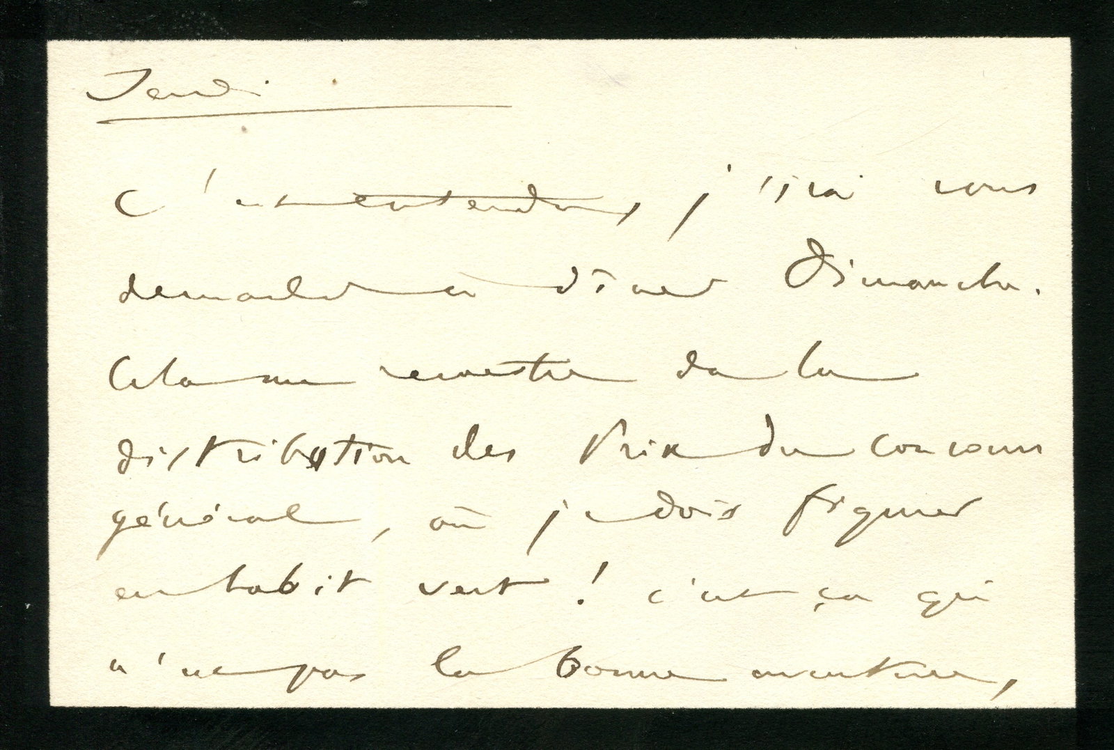 SAINT-SAENS CAMILLE: (1835-1921): SAINT-SAENS CAMILLE: (1835-1921) French Composer. A good A.L.S., signed with his initials, two pages, to 5.5 x 3.5 mourning card, n.p., `Jeudi´, n.d., to Robert de Flers, in French. A curious