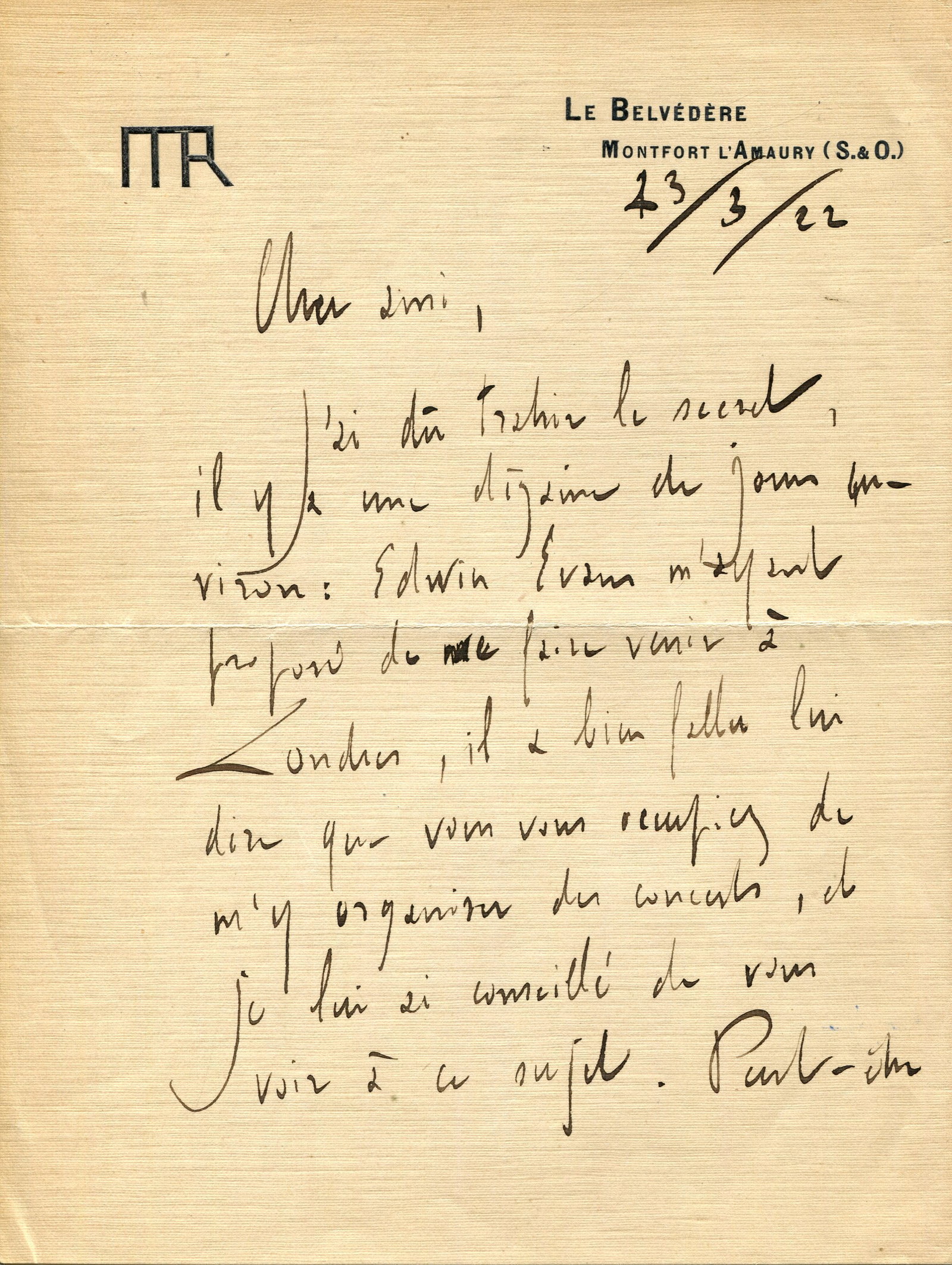 RAVEL MAURICE: (1875-1937) "I played a Sonatina in Marseille... terribly": RAVEL MAURICE: (1875-1937) French composer, pianist and conductor. A very fine and sharp A.L.S., Maurice Ravel, attractively signed, written to first and last page of his small 4to bifolium personal