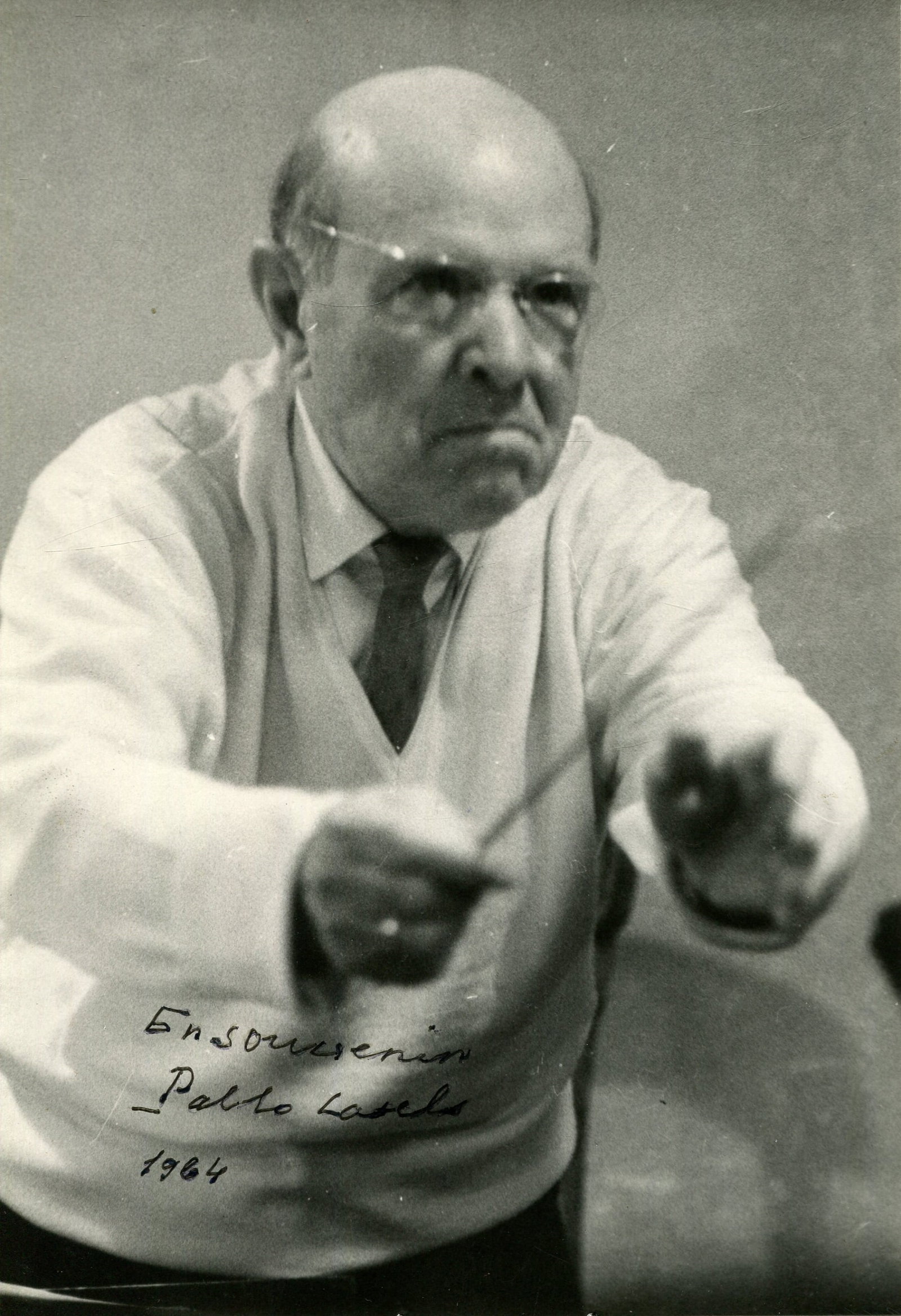 CASALS PABLO: (1876-1973): CASALS PABLO: (1876-1973) Spanish Cellist. A good signed 5 x 7 photograph by Casals, the image showing the Spanish cellist standing in a half-length pose, conducting with a baton in his hand. Signed