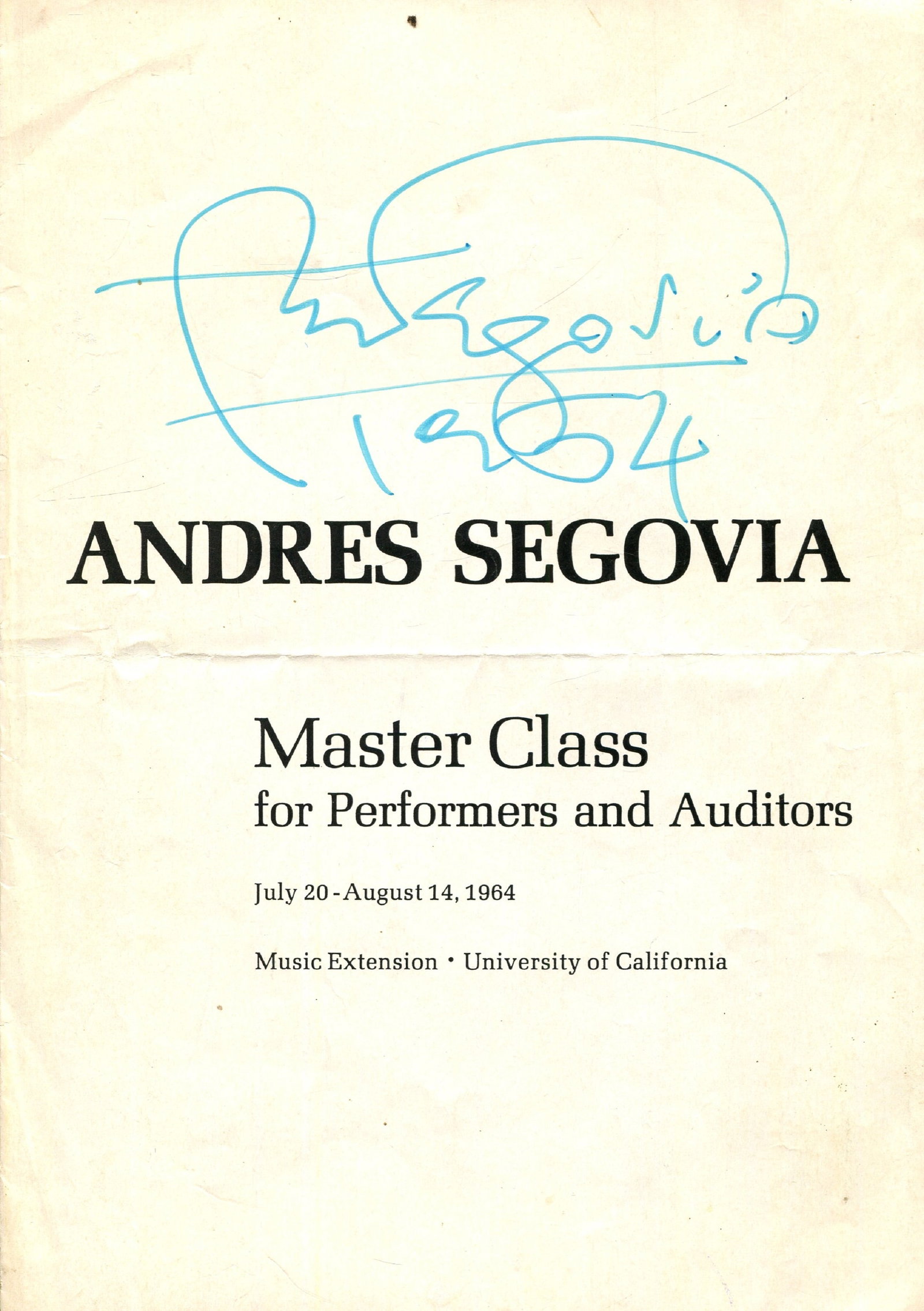 SEGOVIA ANDRES: (1893-1987): SEGOVIA ANDRES: (1893-1987) Spanish virtuoso classical guitarist. Signed printed 8vo programme, a six fold-out pages, corresponding to the Andres Segovia´s Master Class for performers and