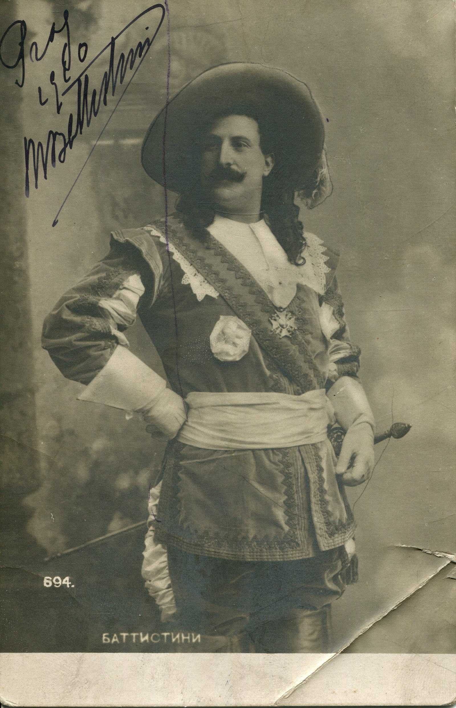BATTISTINI MATTIA: (1856-1928): BATTISTINI MATTIA: (1856-1928) Italian Baritone. He was known the "King of Baritones". Signed postcard photograph by Battistini, the image showing him standing in a three-quarter length pose, in