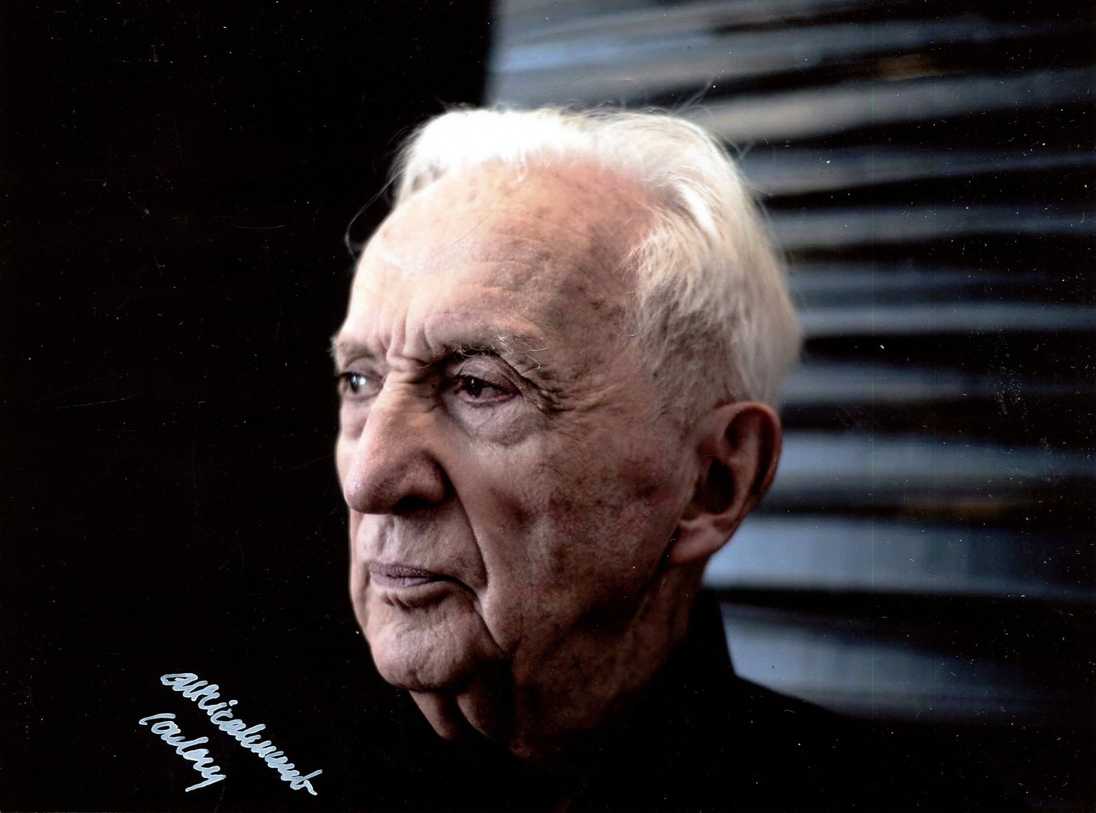 SOULAGES PIERRE: (1919-2022): SOULAGES PIERRE: (1919-2022) French painter, printmaker and sculptor. Signed colour 8 x 6 photograph of Soulages in a close-up head and shoulders pose. Signed ('Amicalement, Soulages') in bold white