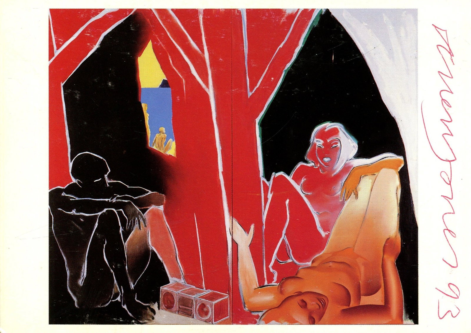 JONES ALLEN: (1937- ): JONES ALLEN: (1937- ) British pop artist. Signed colour 6 x 4 postcard, the image being a reproduction of his artwork Unititled (1986) featuring several naked figures. Signed by Jones in red ink to