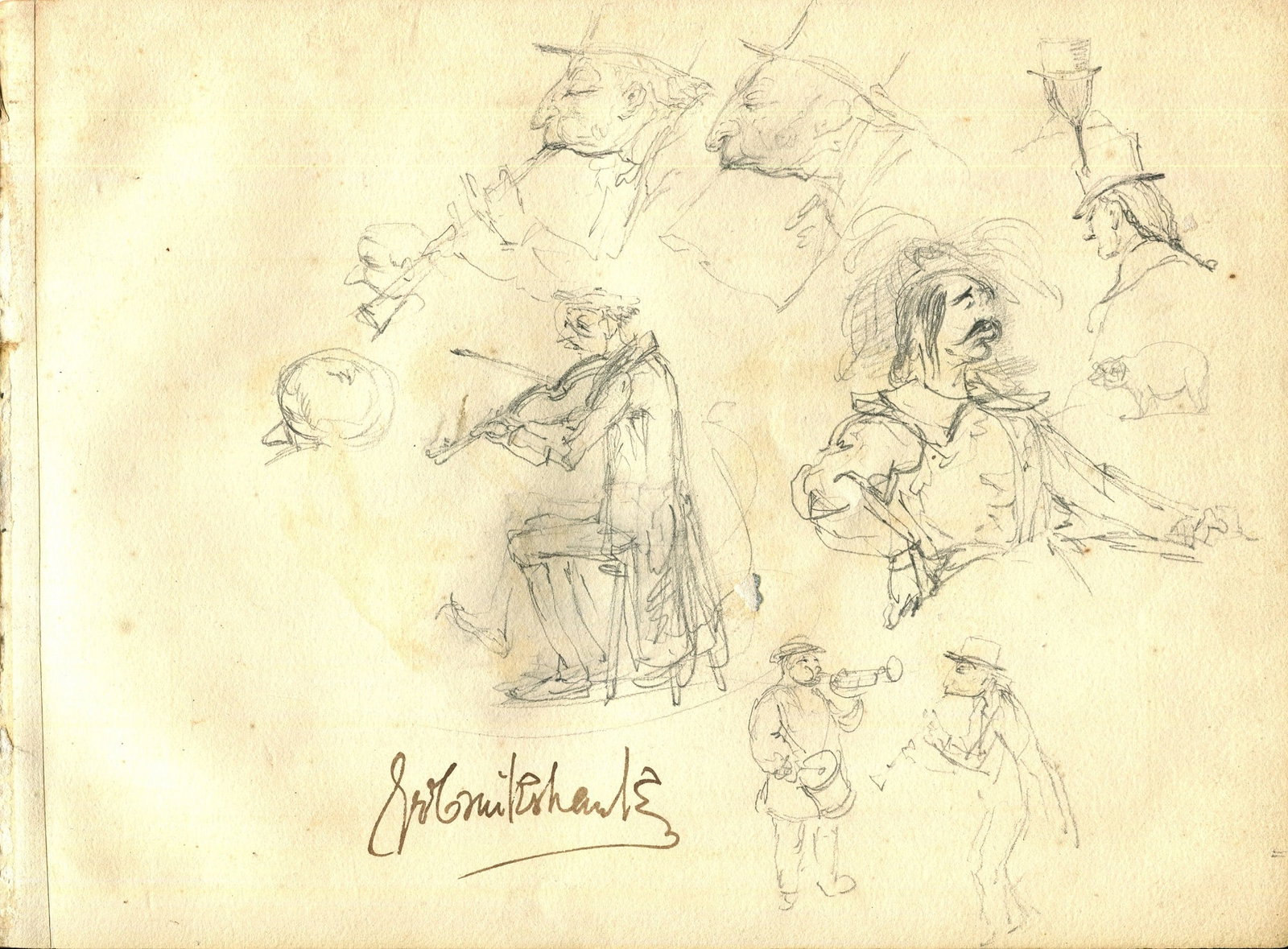 CRUIKSHANK GEORGE: (1792-1878): CRUIKSHANK GEORGE: (1792-1878) British caricaturist & book illustrator, associated with the works of his friend Charles Dickens. A good series of pencil sketches signed by Cruikshank, one page,
