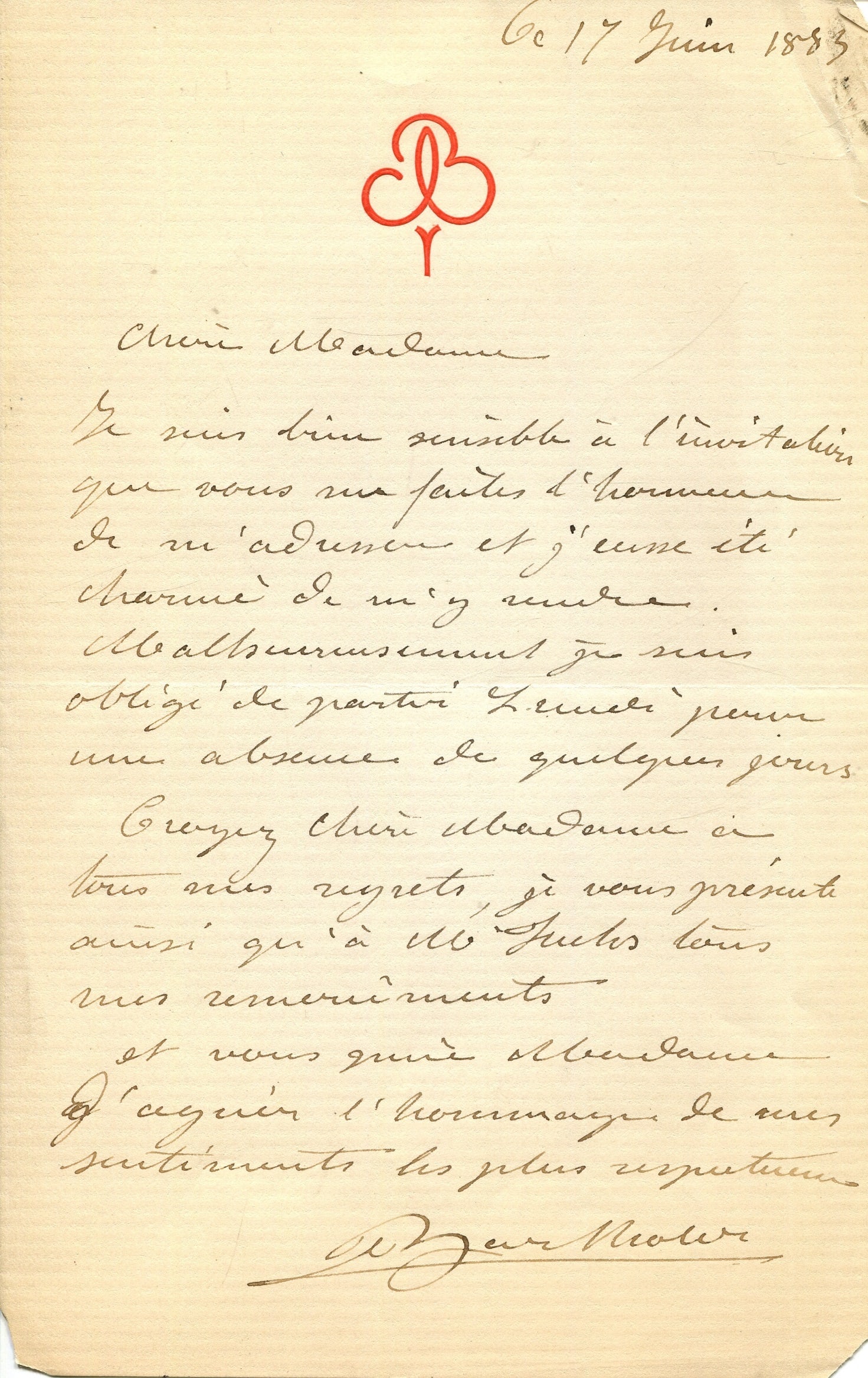 BARTHOLDI FREDERIC AUGUSTE: (1834-1904): BARTHOLDI FREDERIC AUGUSTE: (1834-1904) French sculptor, best known for designing the Statue of Liberty (‘Liberty Enlightening the World’). A.L.S., Bartholdi, one page, 8vo, n.p., 17th