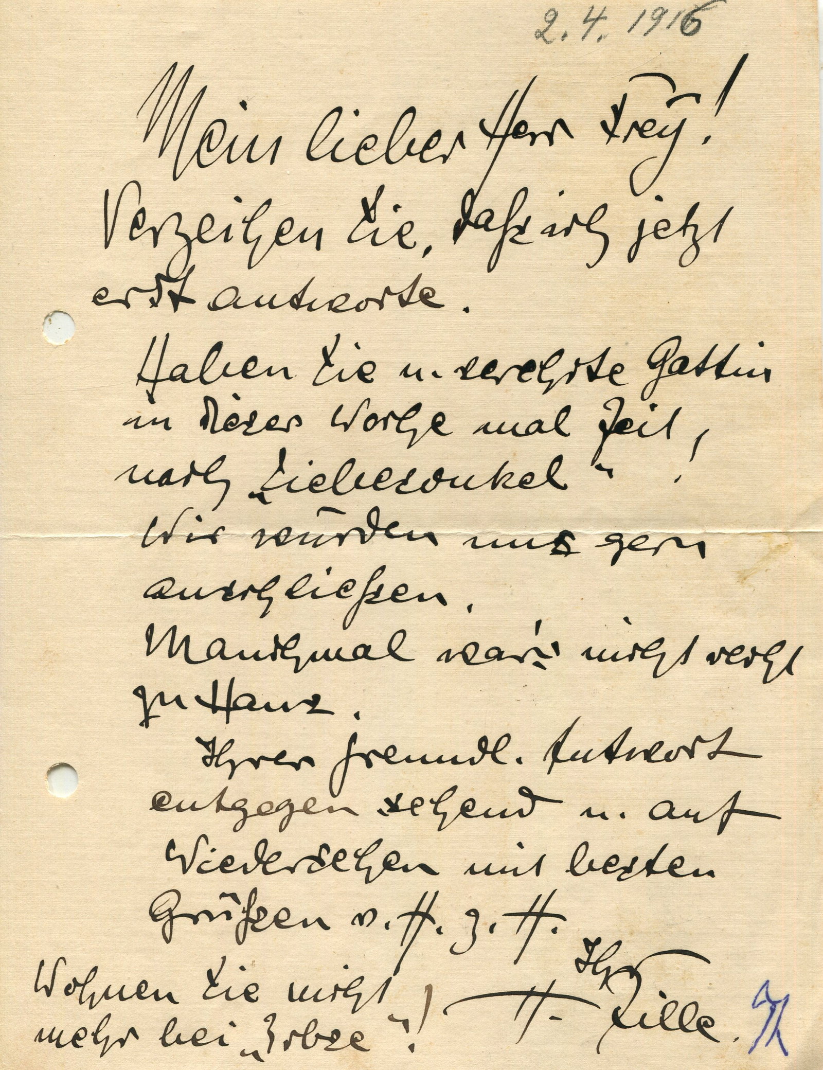 ZILLE HEINRICH: (1858-1929): ZILLE HEINRICH: (1858-1929) German illustrator, caricaturist, lithographer, and photographer. A.L.S., H. Zille, one page, 8vo, n.p., n.d. (annotated 2nd April 1916 in pencil in another hand), to Mr.