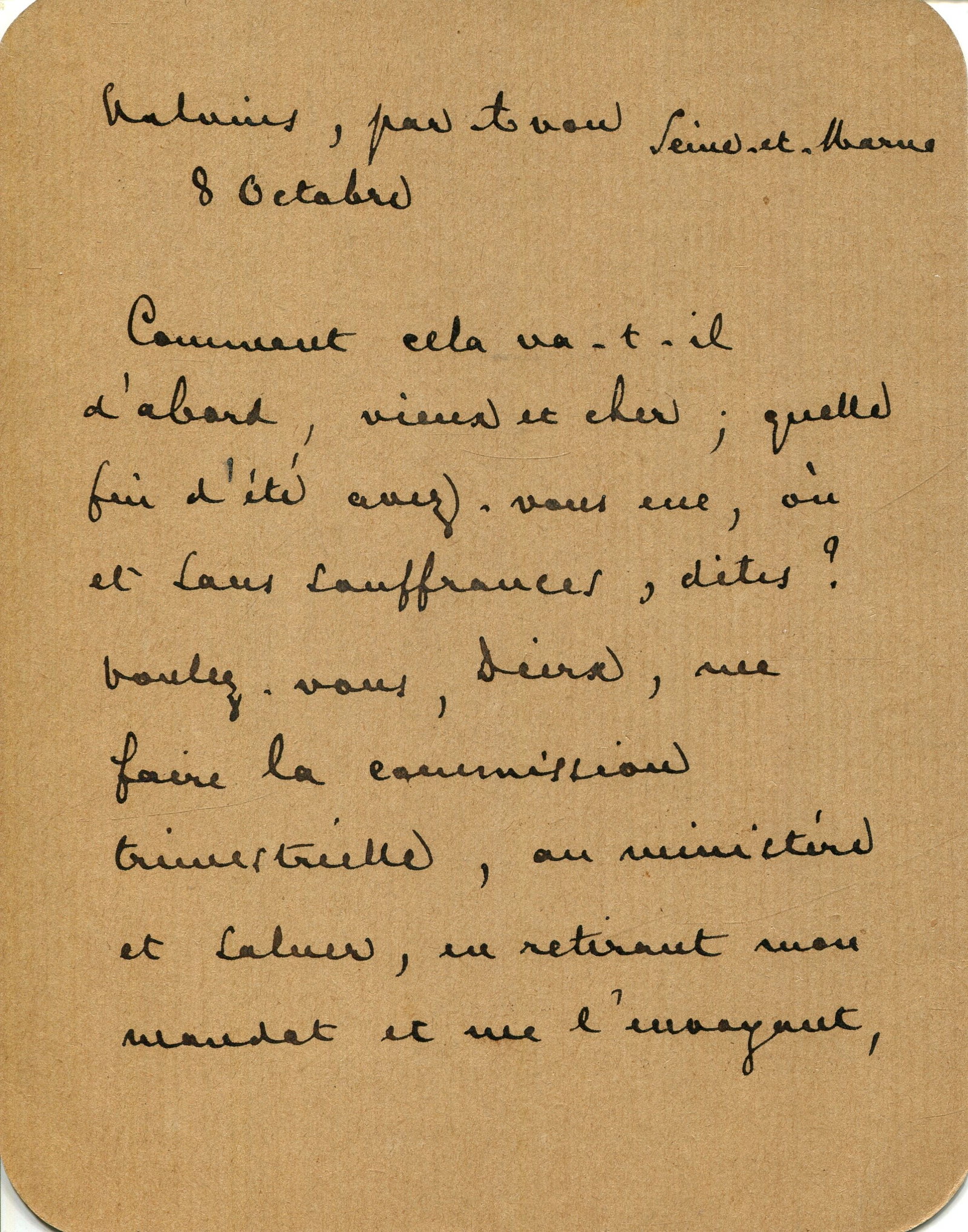 MALLARM? ST?PHANE: (1842-1898) ? Imagine, I?m turning into a tree.....and, to reward me, the: MALLARMÉ STÉPHANE: (1842-1898) French symbolist poet. A charming, friendly A.L.S., Stéphane Mallarmé, to the recto and verso of a 12mo card, Valvins, via Avon, Seine-et-Marne, 8th