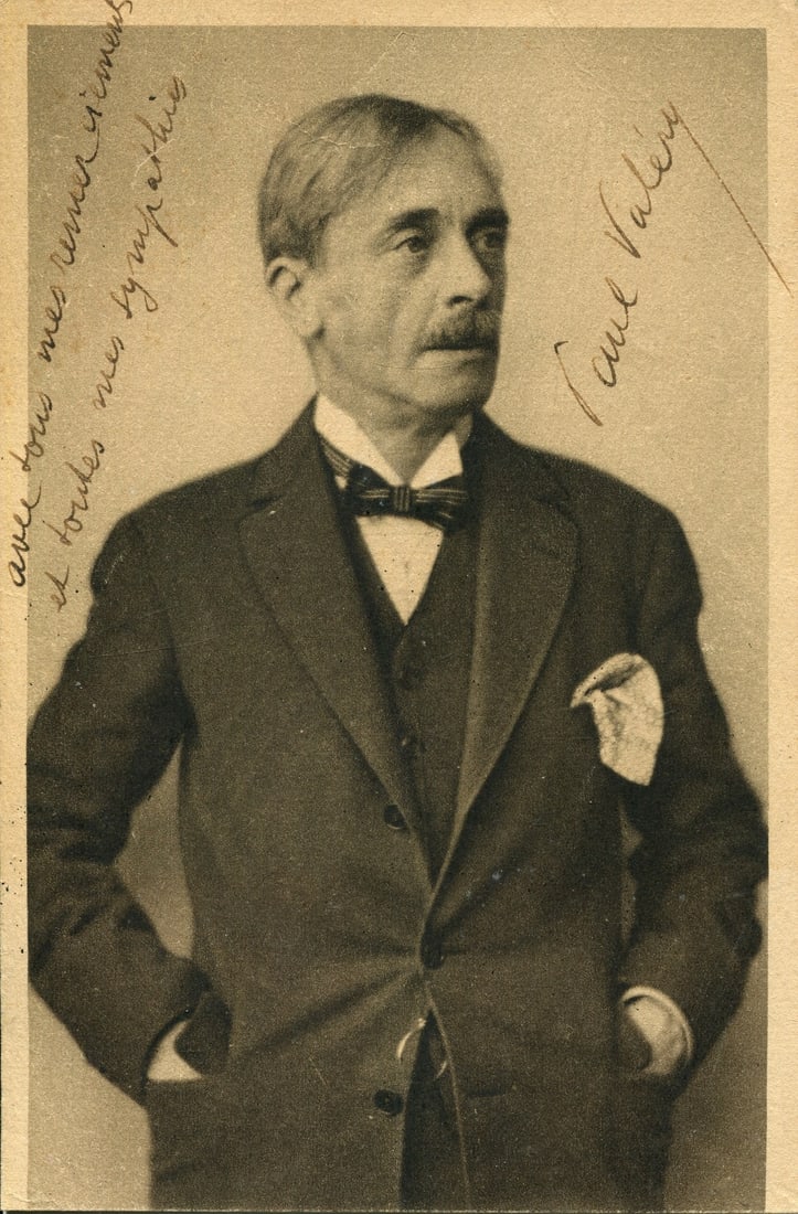 VALERY PAUL: (1871-1945): VALERY PAUL: (1871-1945) French poet, essayist and philosopher. Vintage signed sepia 5.5 x 3.5 photograph of the writer standing in a three-quarter length pose with his hands in his jacket pockets.
