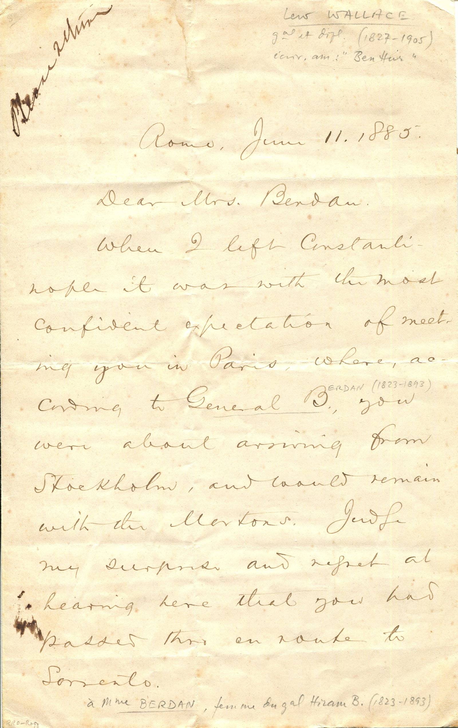 WALLACE LEW: (1827-1905): WALLACE LEW: (1827-1905) American lawyer, Union General in the American Civil War, politician, diplomat, and author of the historical adventure story Ben-Hur: A Tale of the Christ (1880). A.L.S., Lew