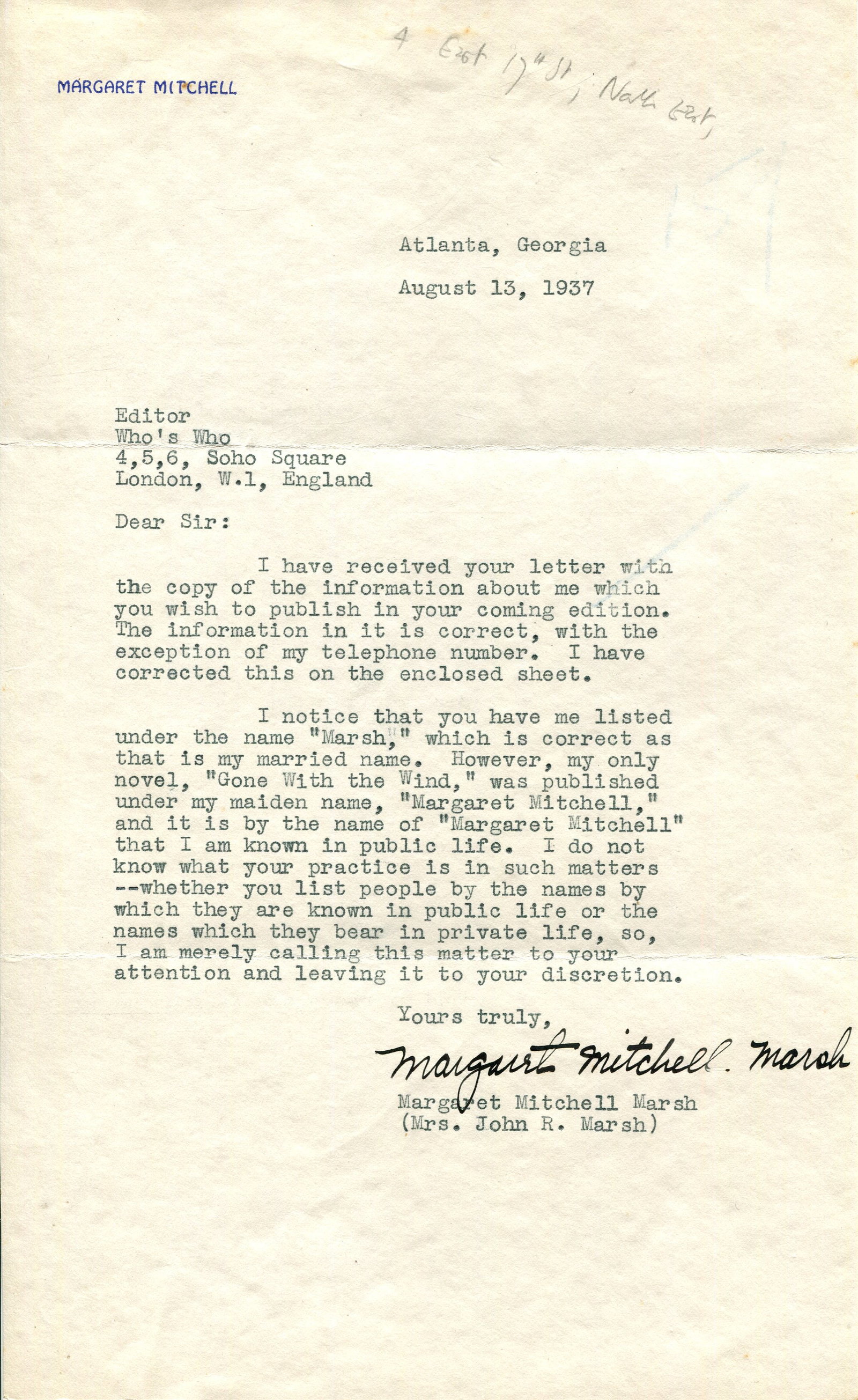 MITCHELL MARGARET: (1900-1949): MITCHELL MARGARET: (1900-1949) American novelist and journalist whose sole novel published during her lifetime was Gone with the Wind (1936). Pulitzer Prize for Fiction winner, 1937. T.L.S., Margaret