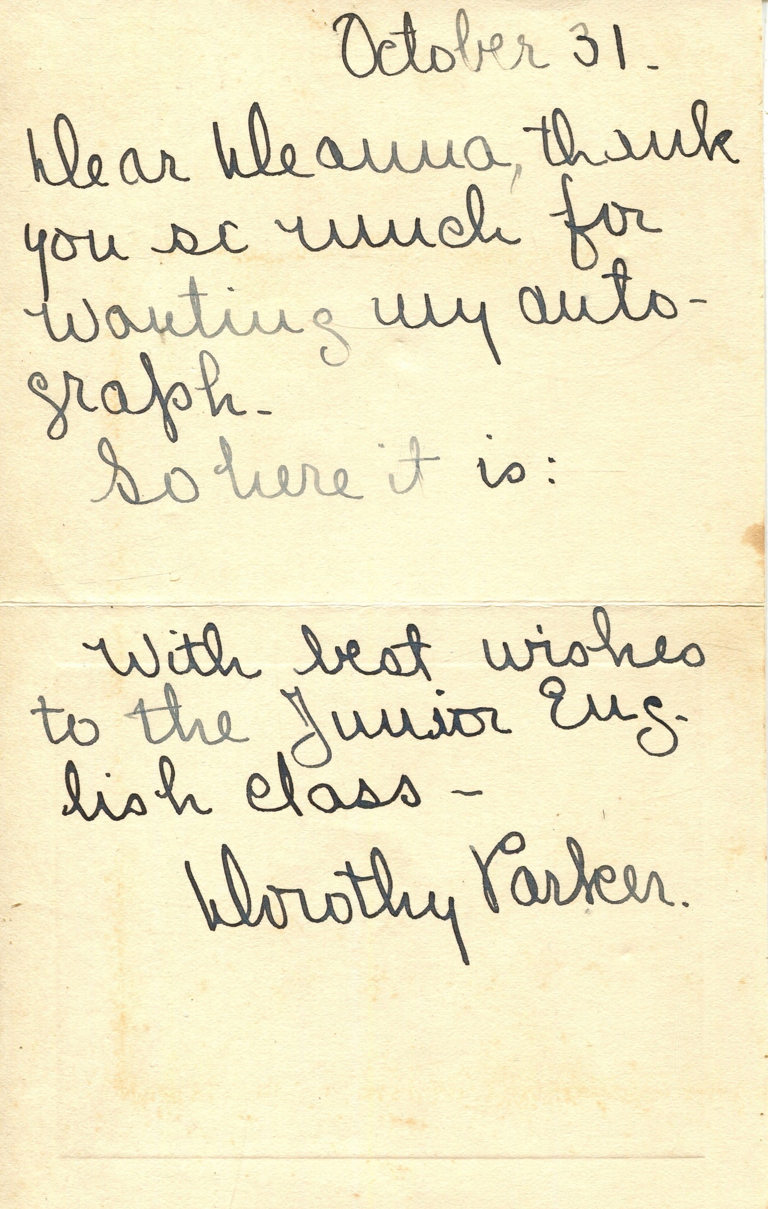 PARKER DOROTHY: (1893-1967): PARKER DOROTHY: (1893-1967) American poet, literary critic, screenwriter and writer of fiction. A scarce A.L.S., Dorothy Parker, one page, small 8vo (personal printed folding notelet card), n.p. (New