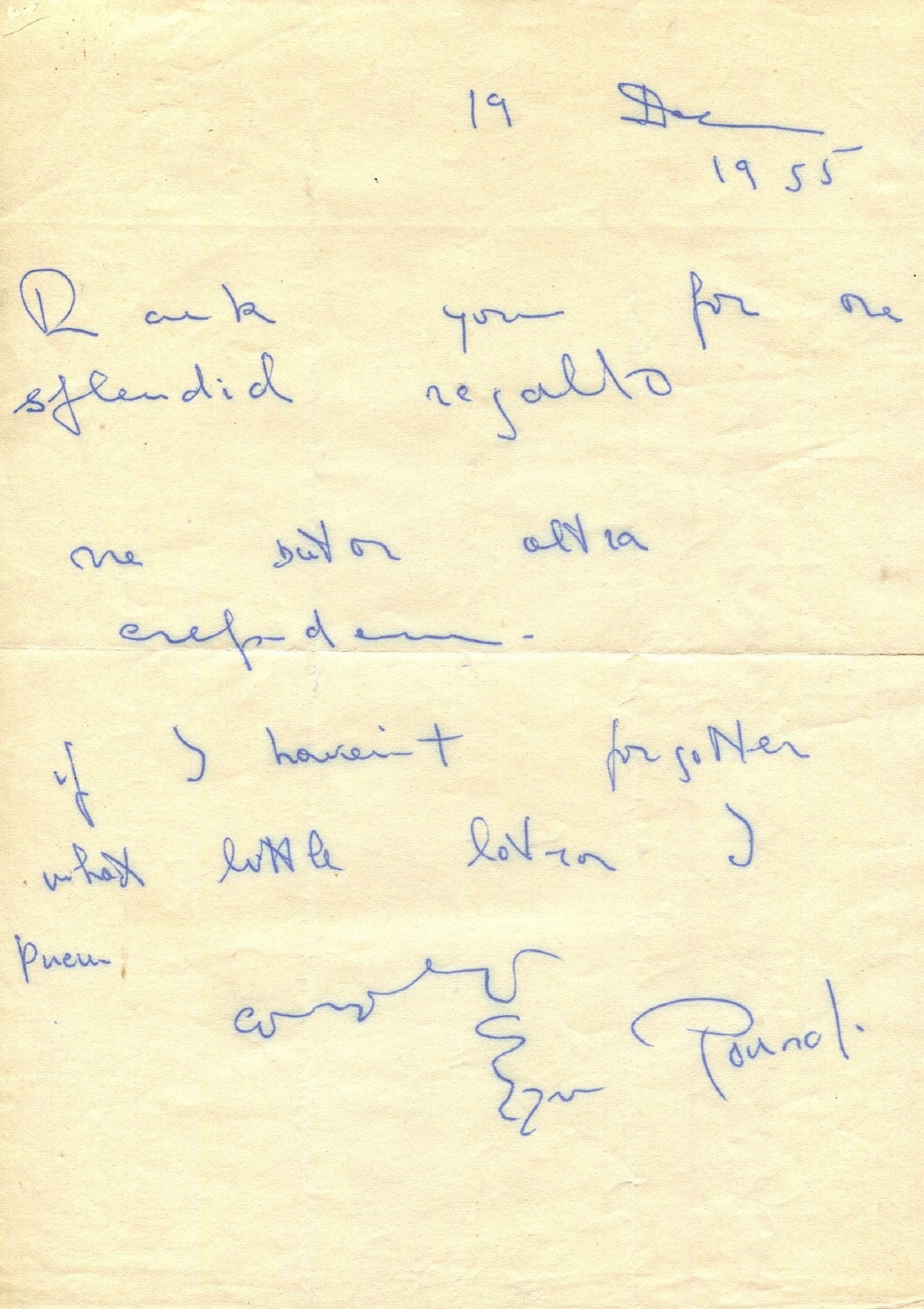 POUND EZRA: (1885-1972): POUND EZRA: (1885-1972) American expatriate poet and critic, a major figure in the early modernist poetry movement and a fascist collaborator in Italy during World War II. A.L.S., Ezra Pound, one