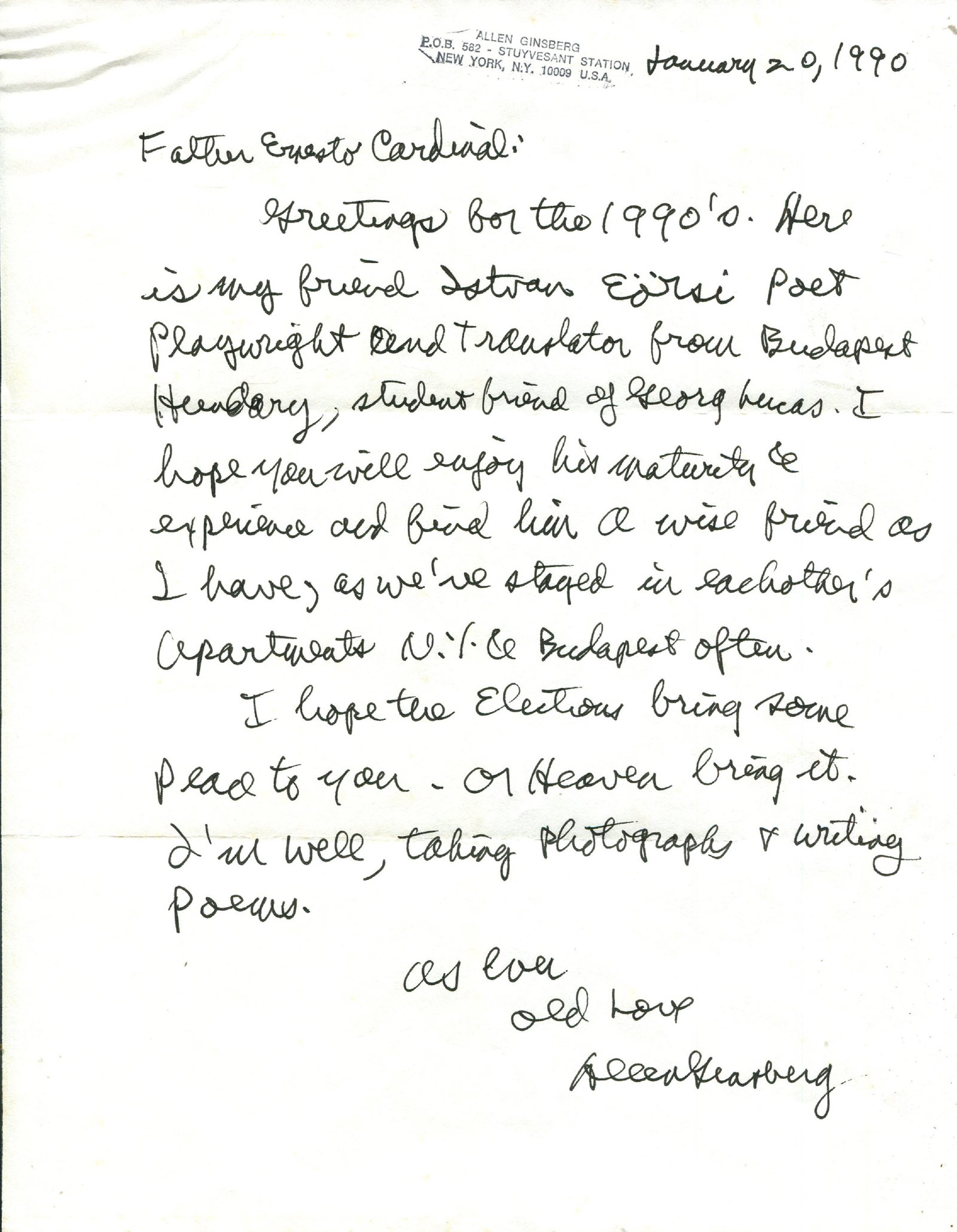 GINSBERG ALLEN: (1926-1997): GINSBERG ALLEN: (1926-1997) American poet and writer, a central figure of the Beat Generation. A.L.S., Allen Ginsberg, one page, 4to, New York, 20th January 1990, to Ernesto Cardenal. Ginsberg sends