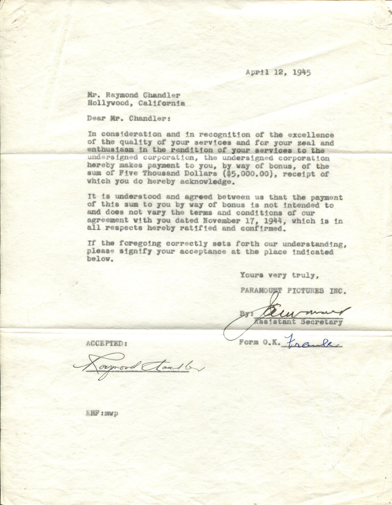 CHANDLER RAYMOND: (1888-1959): CHANDLER RAYMOND: (1888-1959) American-British novelist and screenwriter, a founder of the hard-boiled school of detective fiction. D.S., Raymond Chandler, one page, 4to, Hollywood, California, 12th