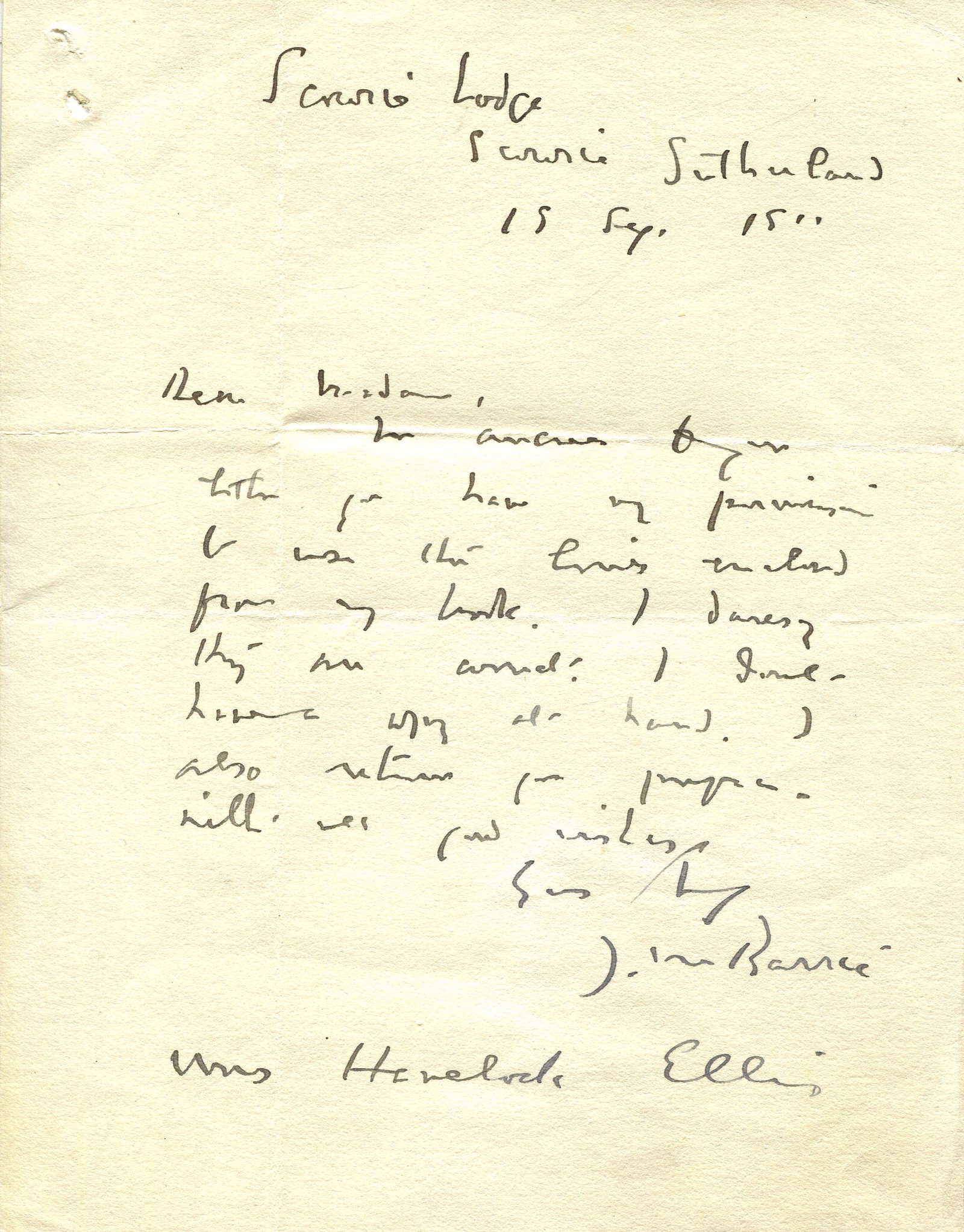 BARRIE J. M.: (1860-1937): BARRIE J. M.: (1860-1937) Scottish novelist and playwright, remembered as the creator of Peter Pan. A.L.S., J M Barrie, one page, 8vo, Scourie Lodge, Scourie, Sutherland, 19th September 1911, to Mrs.
