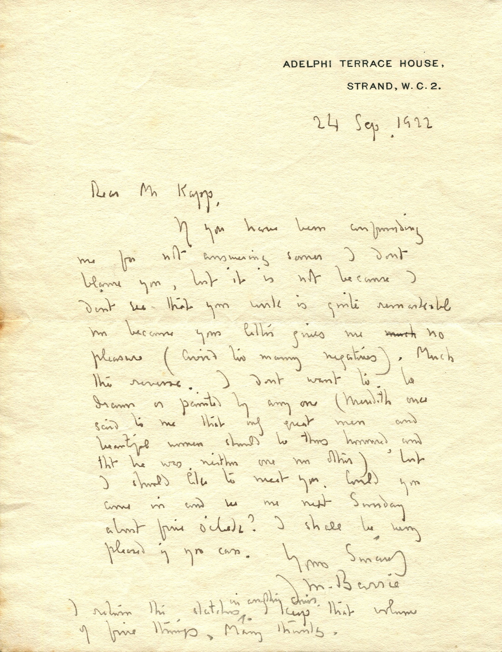 BARRIE J. M.: (1860-1937) (+3): BARRIE J. M.: (1860-1937) Scottish novelist and playwright, remembered as the creator of Peter Pan. A.L.S., J. M. Barrie, one page, 8vo, Adelphi Terrace House, Strand, London, 24th September 1922, to