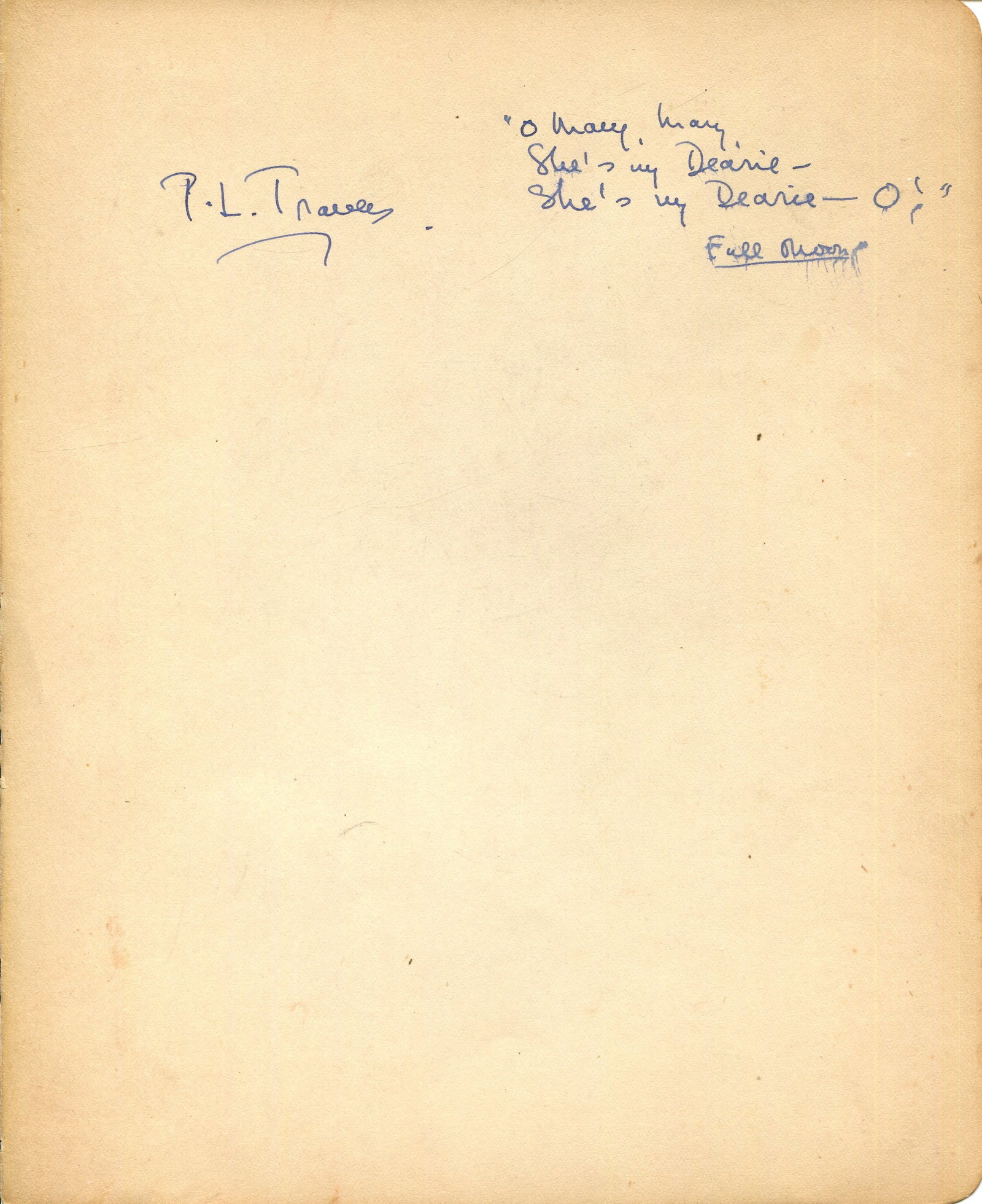 TRAVERS P.L.: (1899-1966): TRAVERS P.L.: (1899-1966) Australian-born English writer, best known for her series of Mary Poppins books. A rare A.Q.S., P.L. Travers, on an 8vo page removed from an autograph album, n.p., n.d. To