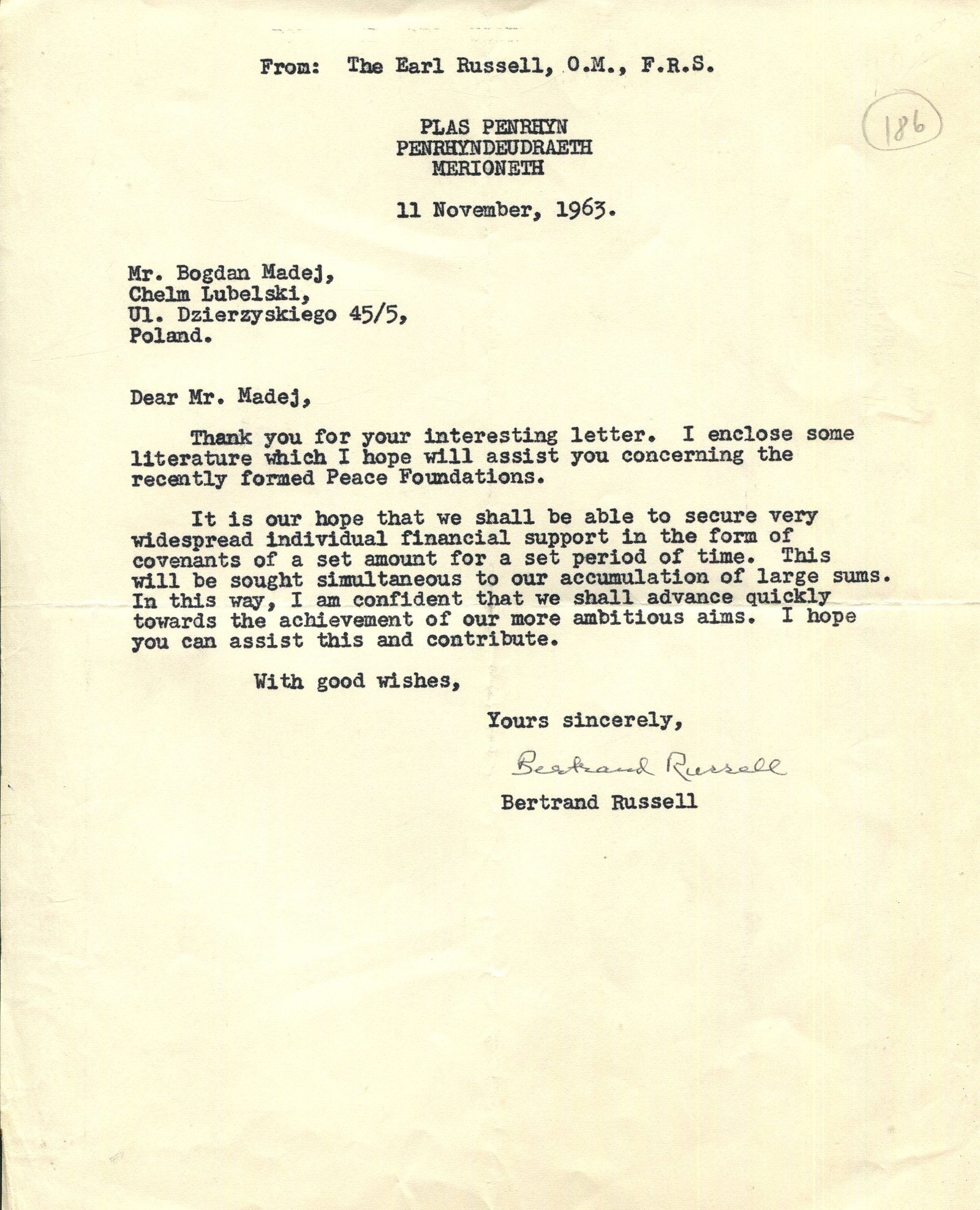 RUSSELL BERTRAND: (1872-1970): RUSSELL BERTRAND: (1872-1970) British philosopher, mathematician and historian, Nobel Prize winner for Literature, 1950. T.L.S., Bertrand Russell, one page, 4to, Plas Penrhyn, Penrhyndeudraeth,
