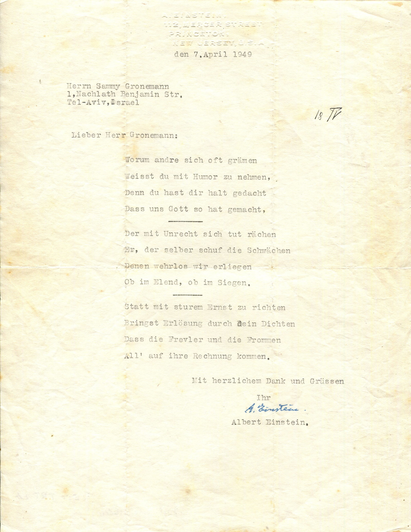 EINSTEIN ALBERT: (1879-1955): EINSTEIN ALBERT: (1879-1955) German-born theoretical physicist, Nobel Prize winner for Physics, 1921. An unusual T.L.S., A. Einstein, one page, 4to, Mercer Street, Princeton, New Jersey, 7th April 194