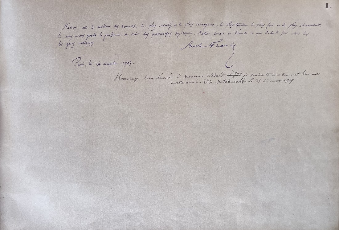 NOBEL PRIZE WINNERS:: NOBEL PRIZE WINNERS: A large oblong folio page removed from an album individually signed by Anatole France (1844-1924) French poet and novelist, Nobel Prize winner for Literature, 1921, a warm
