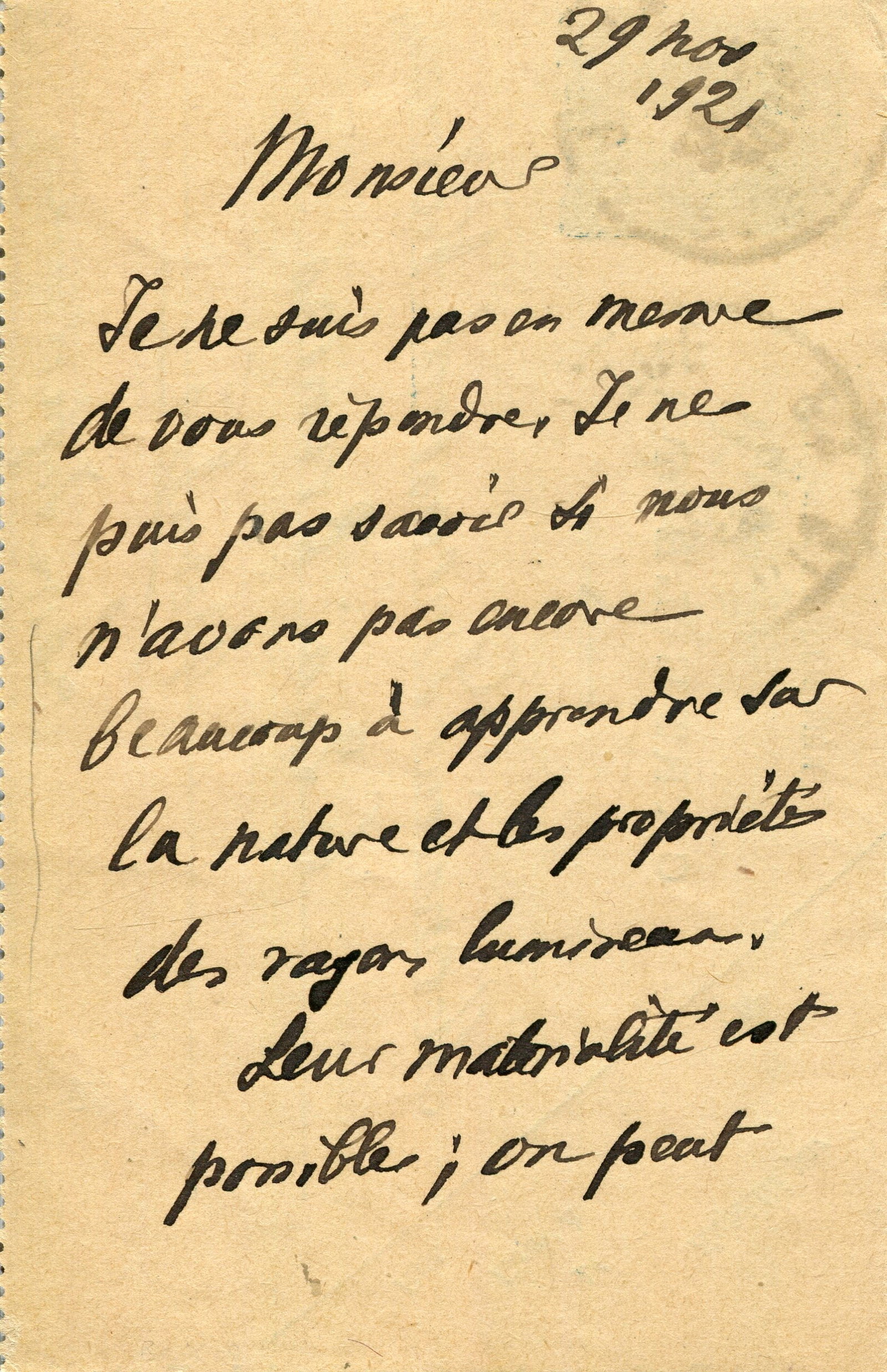 BRANLY EDOUARD: (1844-1940): BRANLY EDOUARD: (1844-1940) French inventor and physicist, known for his early involvement in wireless telegraphy. A.L.S., E. Branly, two pages, 12mo (folding Carte Lettre stationery), n.p. (Paris),