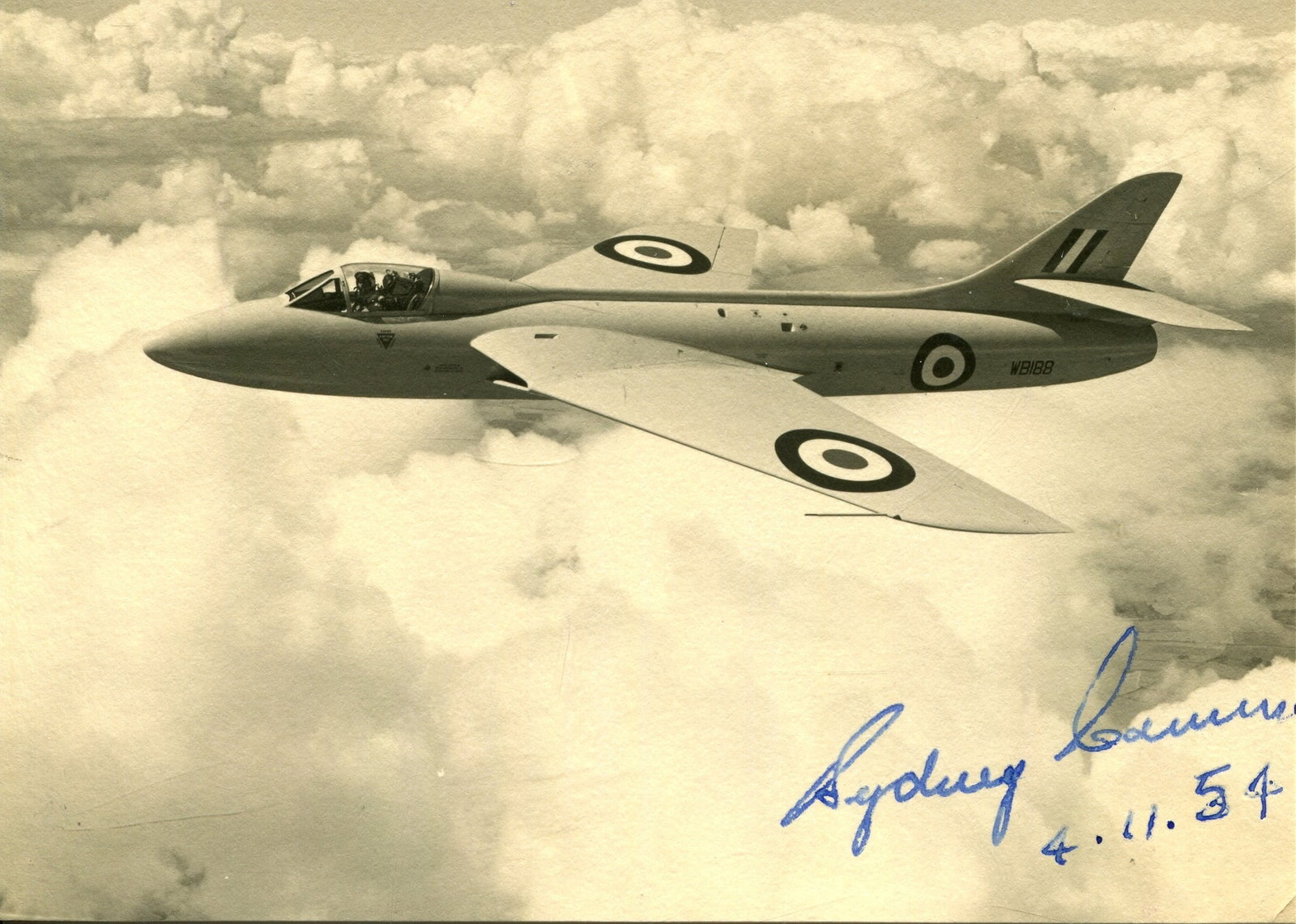 CAMM SYDNEY: (1893-1966): CAMM SYDNEY: (1893-1966) English aeronautical engineer and aircraft designer, famous for the Hawker Hurricane fighter plane. A good vintage signed 4.5 x 3.5 photograph depicting the Hawker Hunter