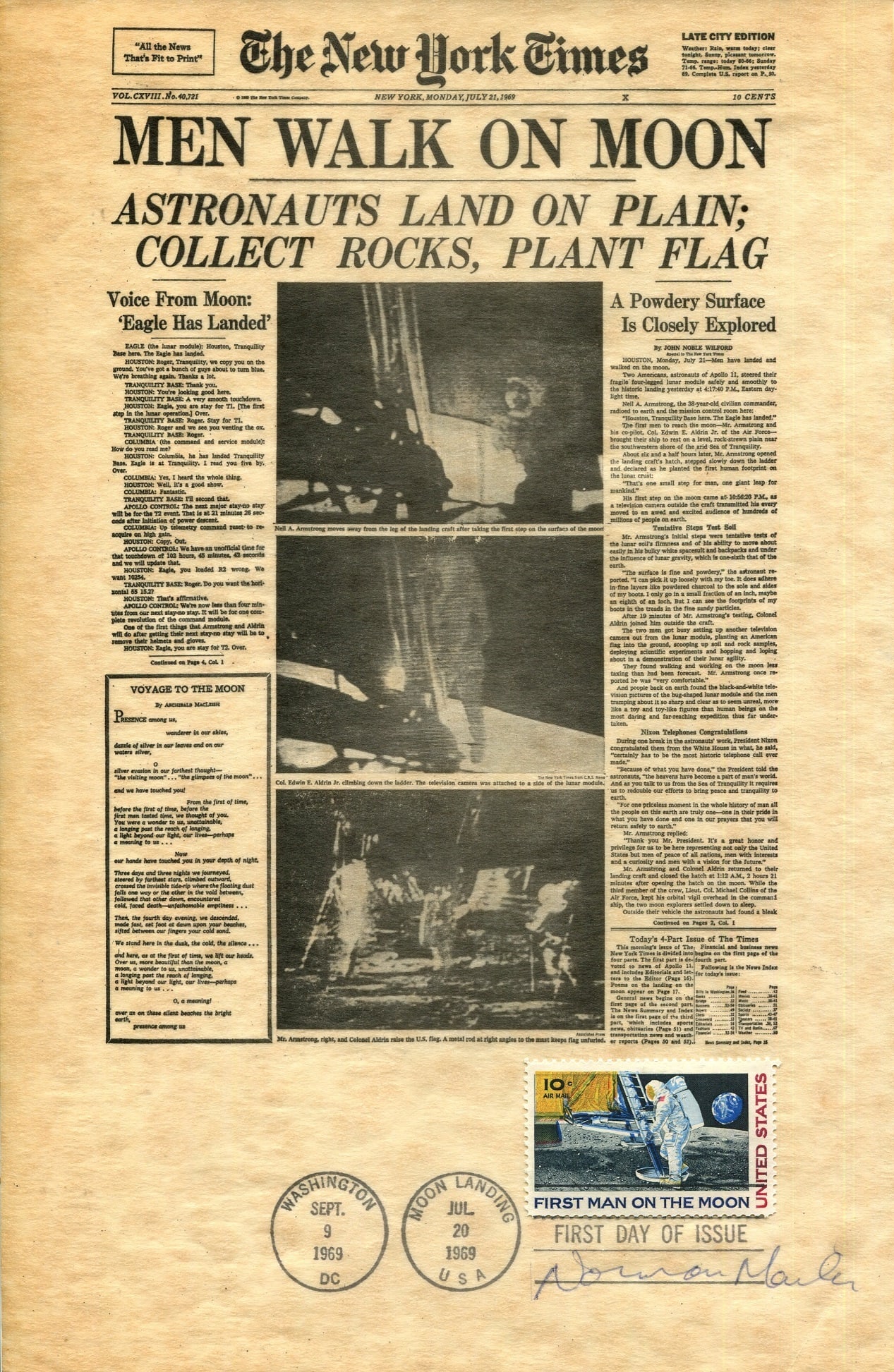[APOLLO XI]: MAILER NORMAN: (1923-2007): [APOLLO XI]: MAILER NORMAN: (1923-2007) American novelist. A 4to printed souvenir reproduction of the front page of The New York Times of 21st July 1969, with the headlines Men Walk On The Moon: